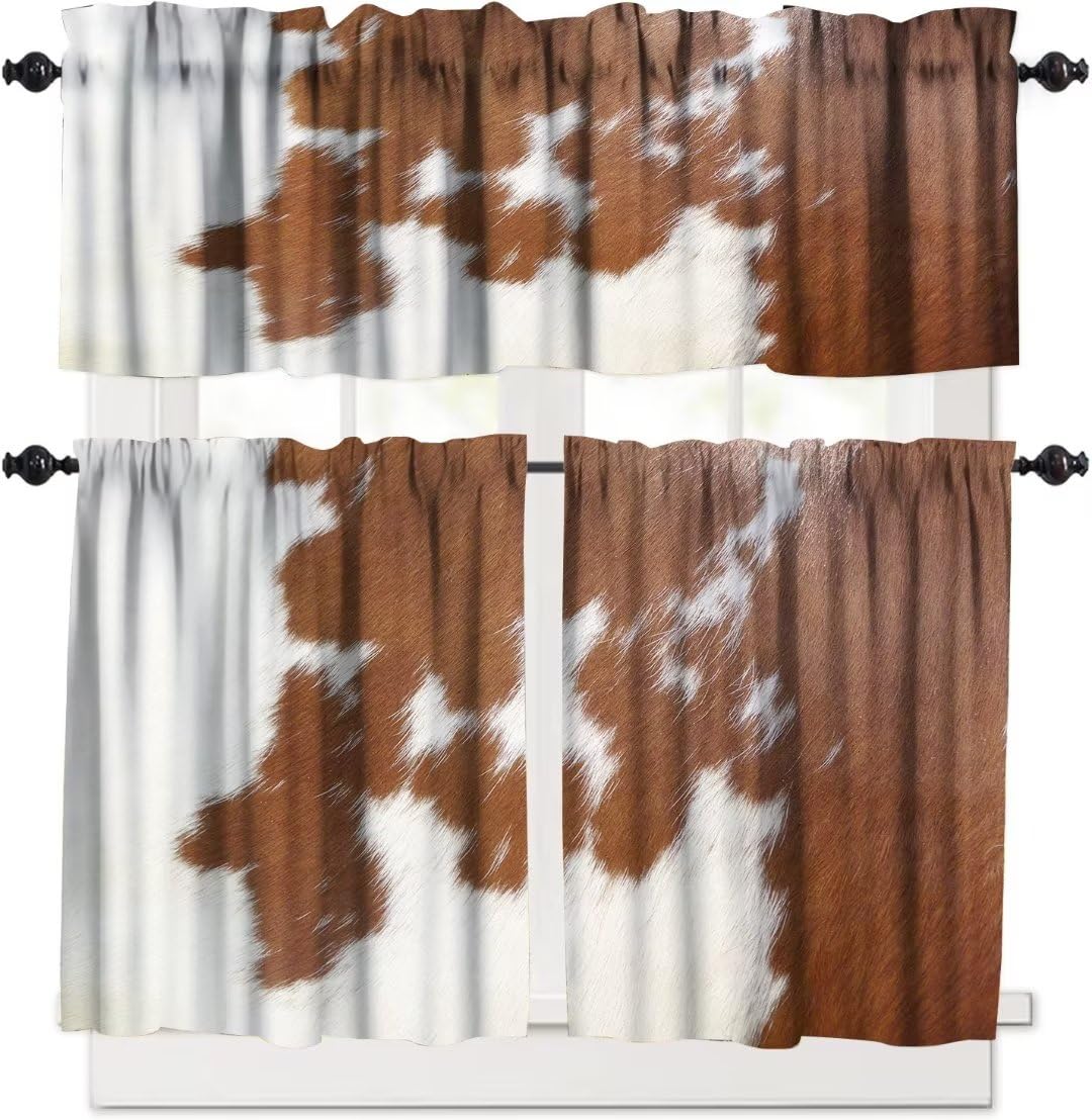 Cow Skin Valance Curtain Set, Rustic Farmhouse Animal Fur Skin Black Brown Wild 3D Cowhide Print Window Valances and Tier Set for Kitchen Living Room