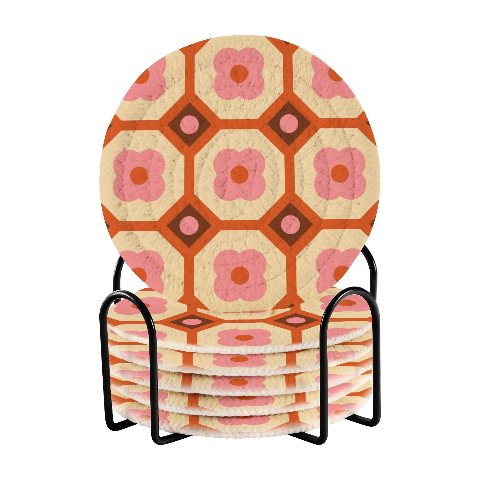 70s Retro Pattern Orange Brown Drink Coasters Absorbent Coasters for Dining Table with Holder Set of 6 Home