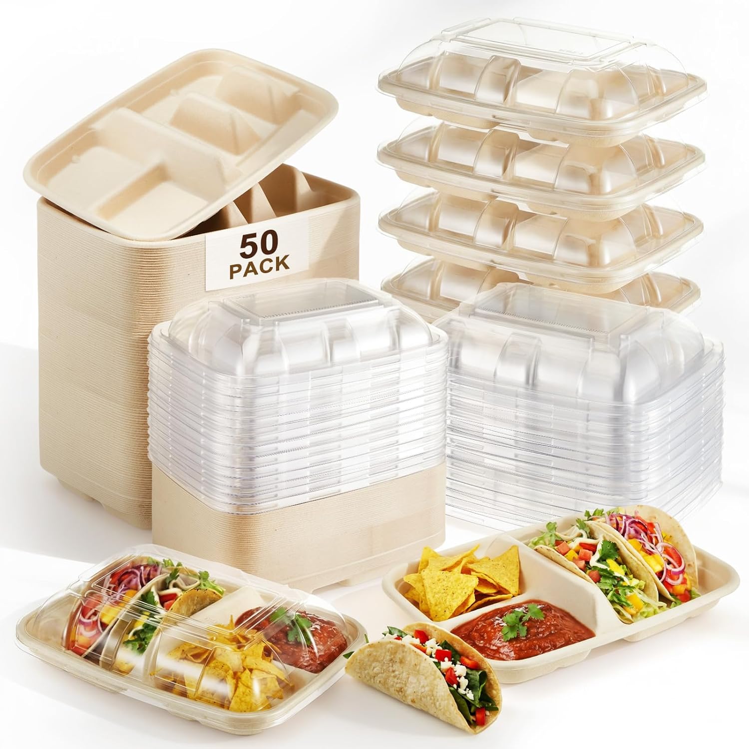 Havawish 50 Pack Disposable Tacos Trays with Lids for 2 Tacos & 2 Sides 4-6 Inch Tortillas Biodegradable Bagasse Plates with Dividers for Fiesta Party, Cinco De Mayo, Microwave Safe