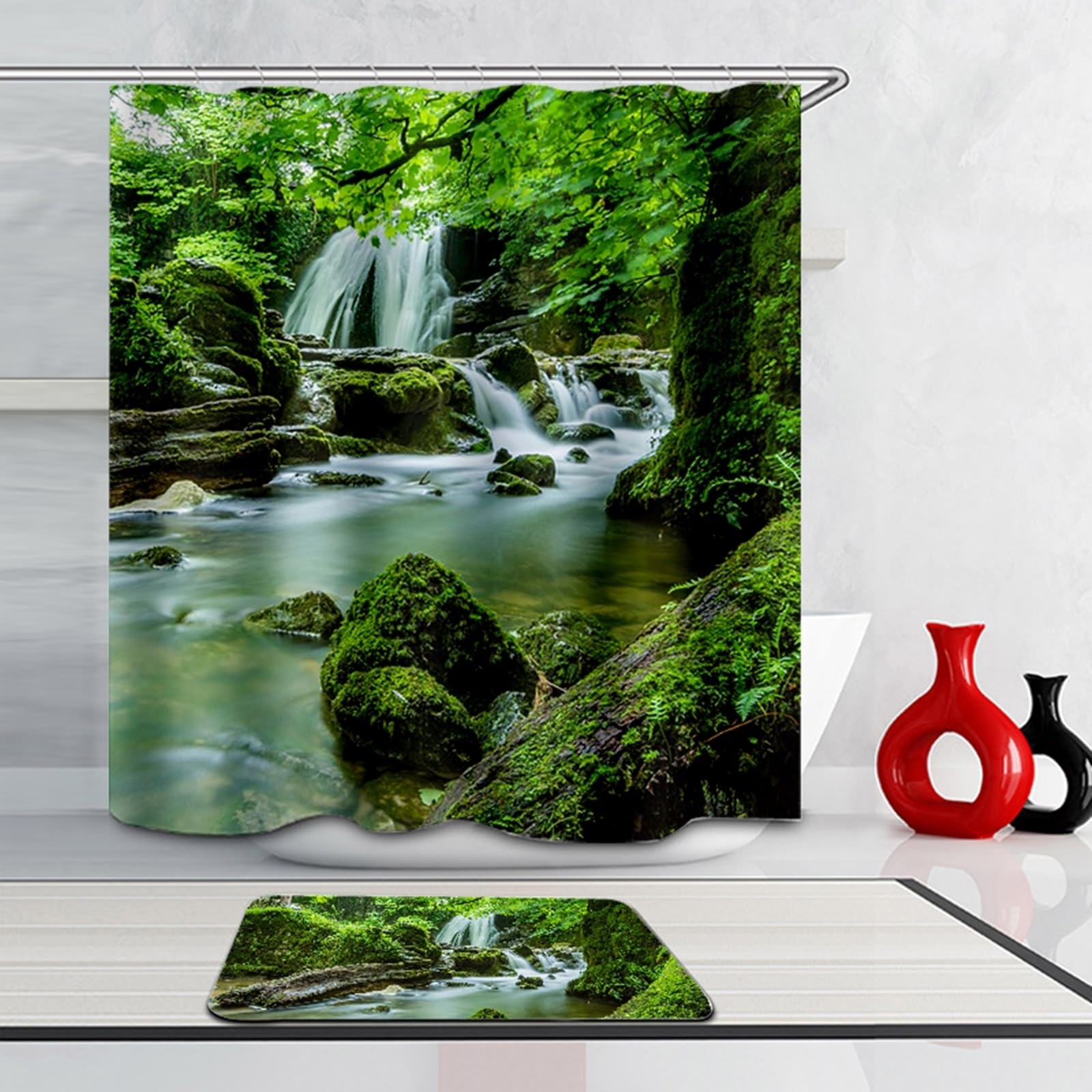Cortina de ducha de 180 x 200 cm, verde, diseño de bosque de montaña Creek, cortina de baño antimoho, poliéster, resistente al agua, lavable, para bañera, 1,8 x 2 m de largo (ancho x alto)