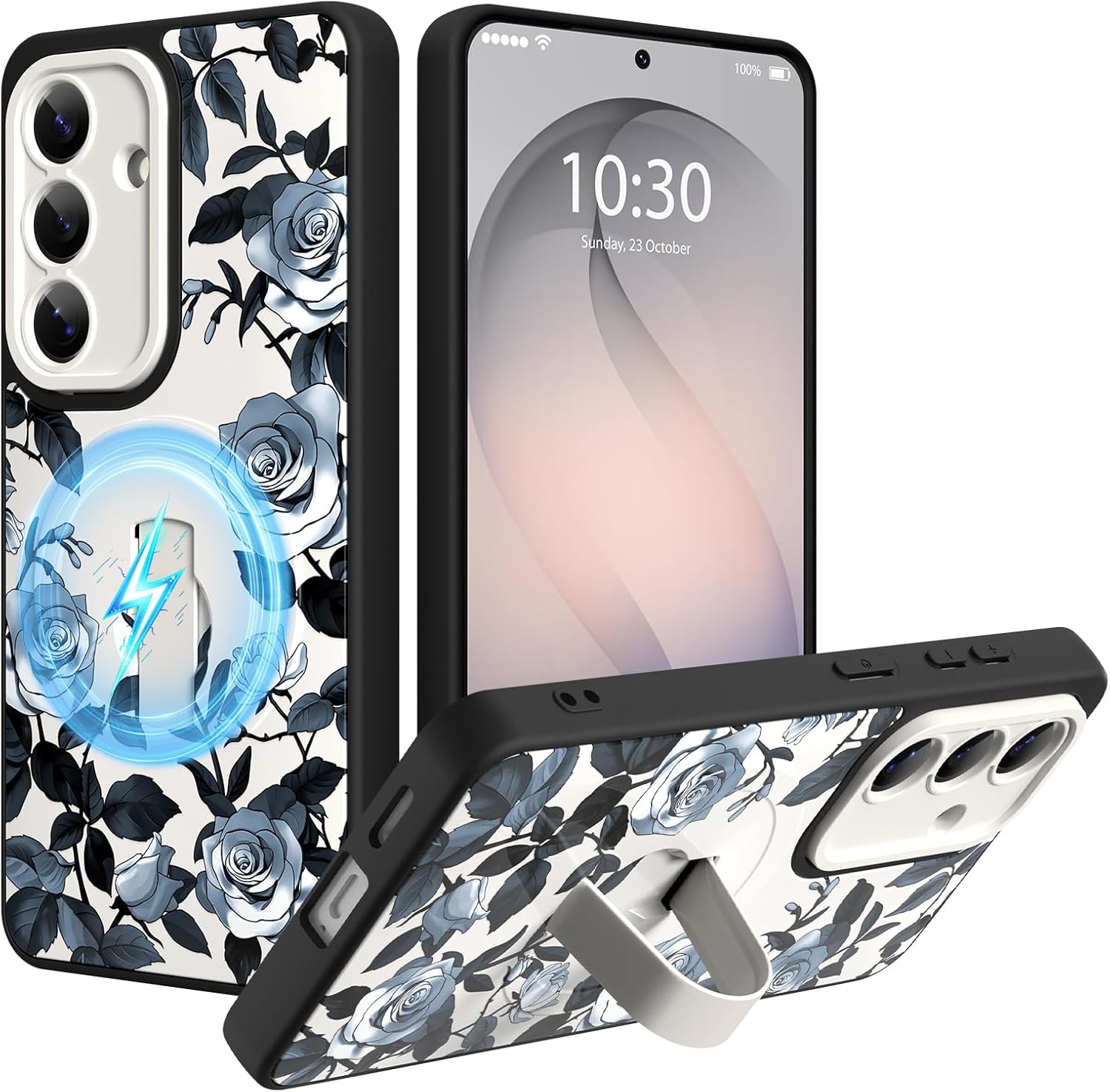 Magnetic Case for Samsung Galaxy S26 Ultra with Finger Hand Strap Kickstand[Compatible with MagSafe] Blue Floral Butterfly Pattern for Women Slim Full Camera Protection Shockproof Phone Case