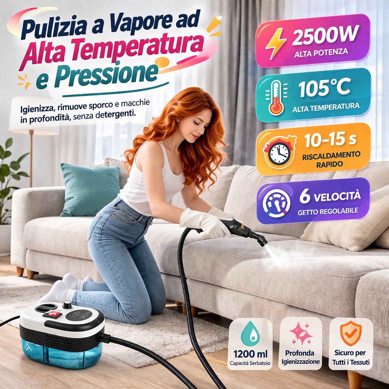 Pulitore a Vapore Portatile 2500W ad Alta Pressione – 6 Velocità Regolabili, Serbatoio 1200 ml, 3 Testine Incluse – Ideale per Casa, Cucina, Bagno, Finestre e Auto
