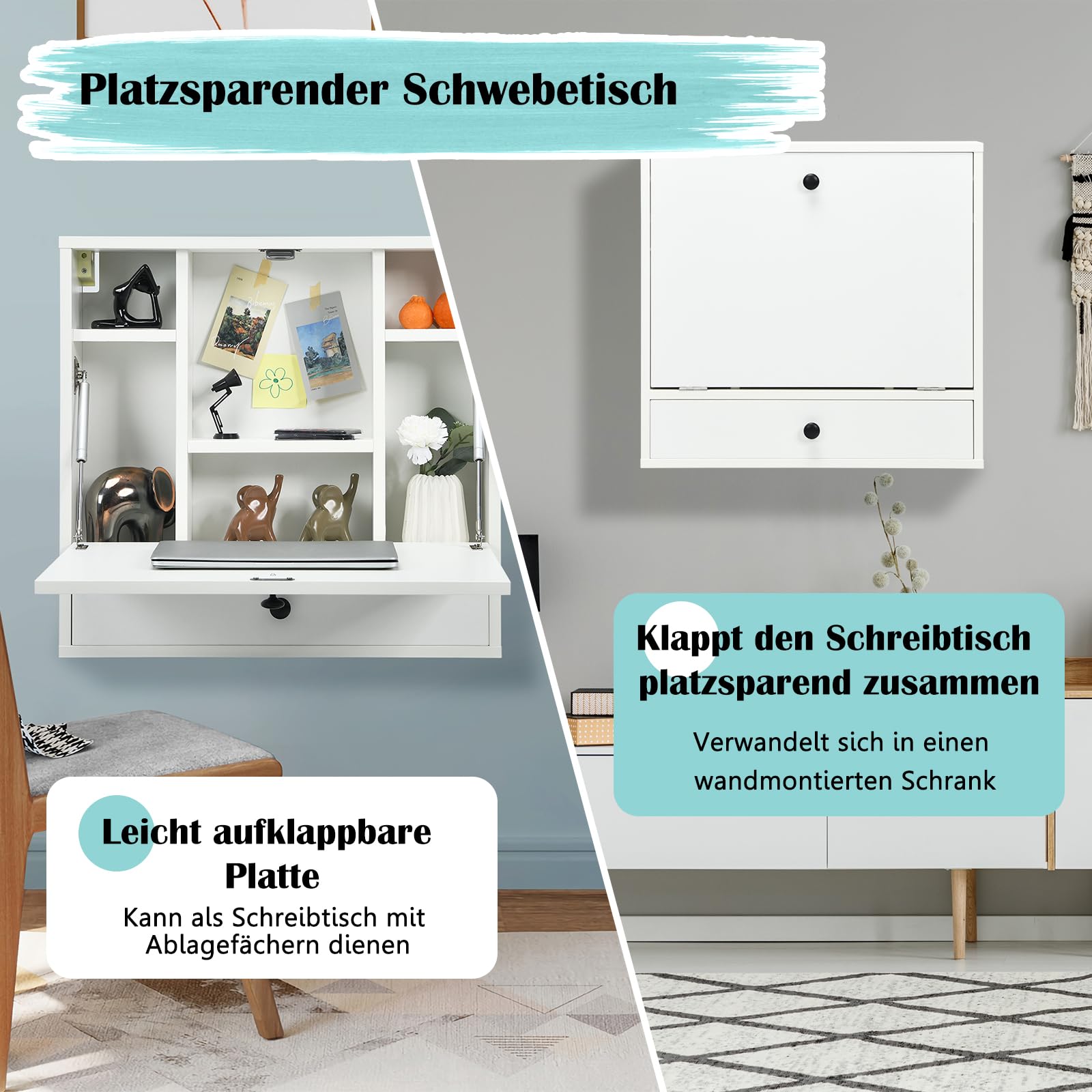 COSTWAY Wandklapptisch, Wandtisch mit Ablagefächern & Schublade, Klapptisch, klappbarer Computertisch, Schreibtisch für kleine Räume & Home Office (Weiß)