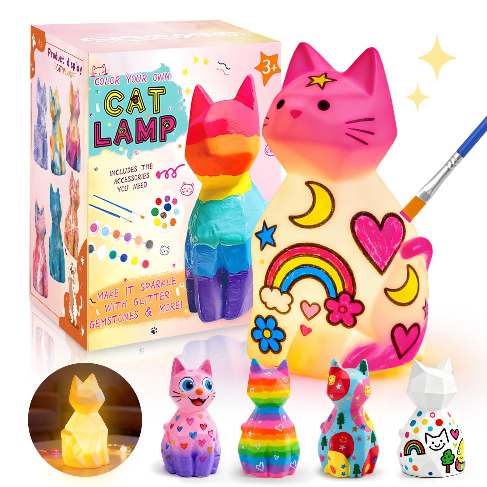 Paint Your Own Cat Lamp Kit, Diy Cat Crafts Night Light Painting Kits for Girls Boys, Art Crafts for kid age 4 5 6 7 8 9 10 11 12+, Art Supplies Creative Gifts for Birthday, Valentines Day Party