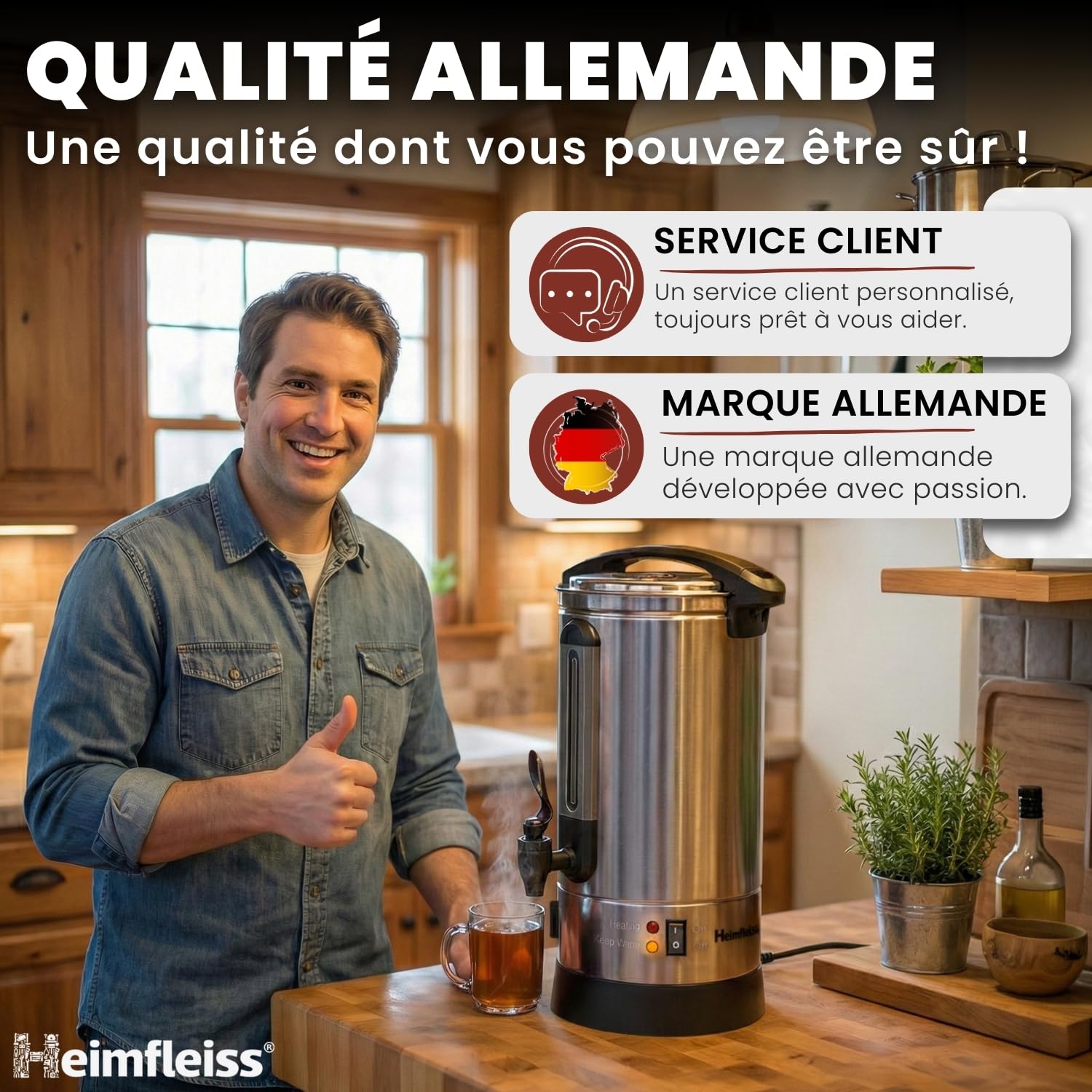 Heimfleiss® Machine à Vin Chaud 10 L en Acier Inoxydable 1500 W | Marmite à Vin Chaud avec Robinet, Thermostat et Protection Surchauffe | Distributeur Eau Chaude et Boissons Chaudes | Argent