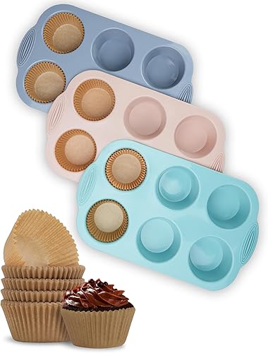 El paquete de 3 moldes de silicona para magdalenas incluye 100 forros naturales para cupcakes, 6 cavidades de tamaño regular, sin BPA, moldes para