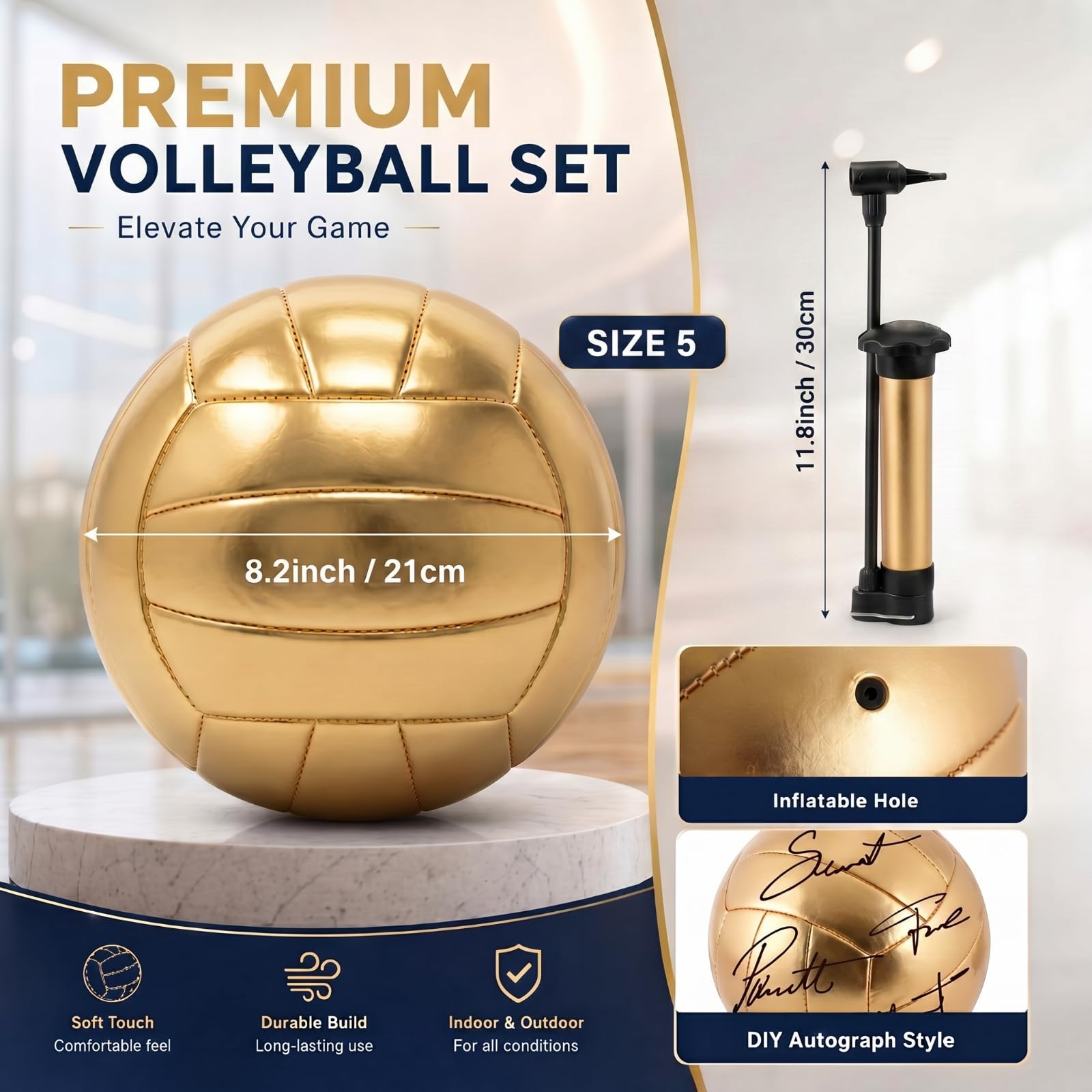 Hiboom Gold Autograph Volleyball with Display Stand Air Pump for Trophies High School College Anniversary Coaching Gift Awards Championship Party