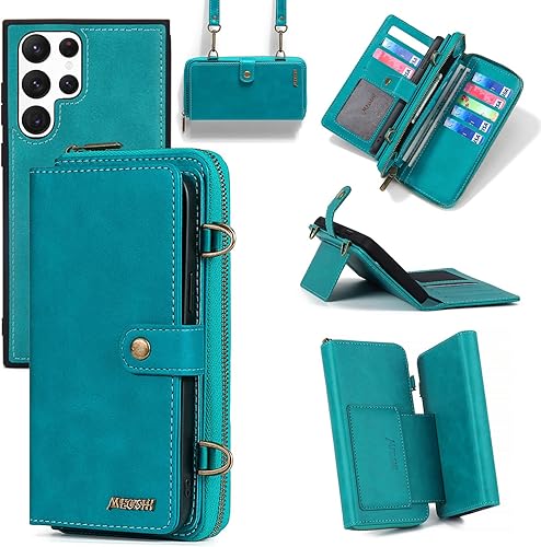 Compatible con Samsung Galaxy S22 Ultra 5G - Funda tipo cartera con correa para el hombro, soporte para tarjetas, multifunción, 2 en 1, funda
