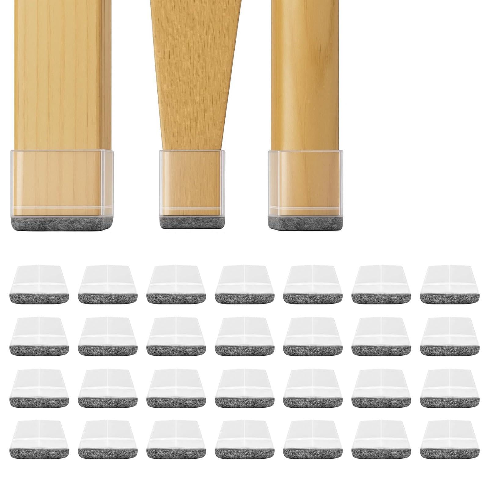 SUNNYNEST 28Pcs Chair Leg Floor Protectors 30-40mm Chair Leg Floor Protectors Pads Transparent Chair Feet Cover Felt Bottom Silicone for Chair Table Sofa Noise Reduction Scratch Protection (Square)