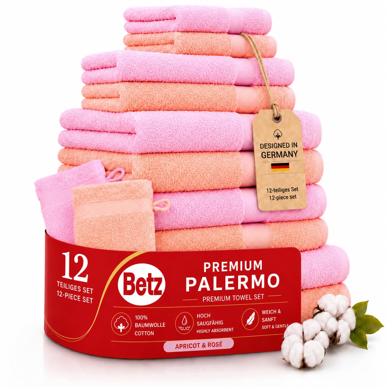 Betz Lot de 12 pièces 100% Coton Palermo 2 draps de Bain 4 Serviettes de Toilette 2 d'invités 2 lavettes 2 Gants de Toilette Couleur Abricot et Rose