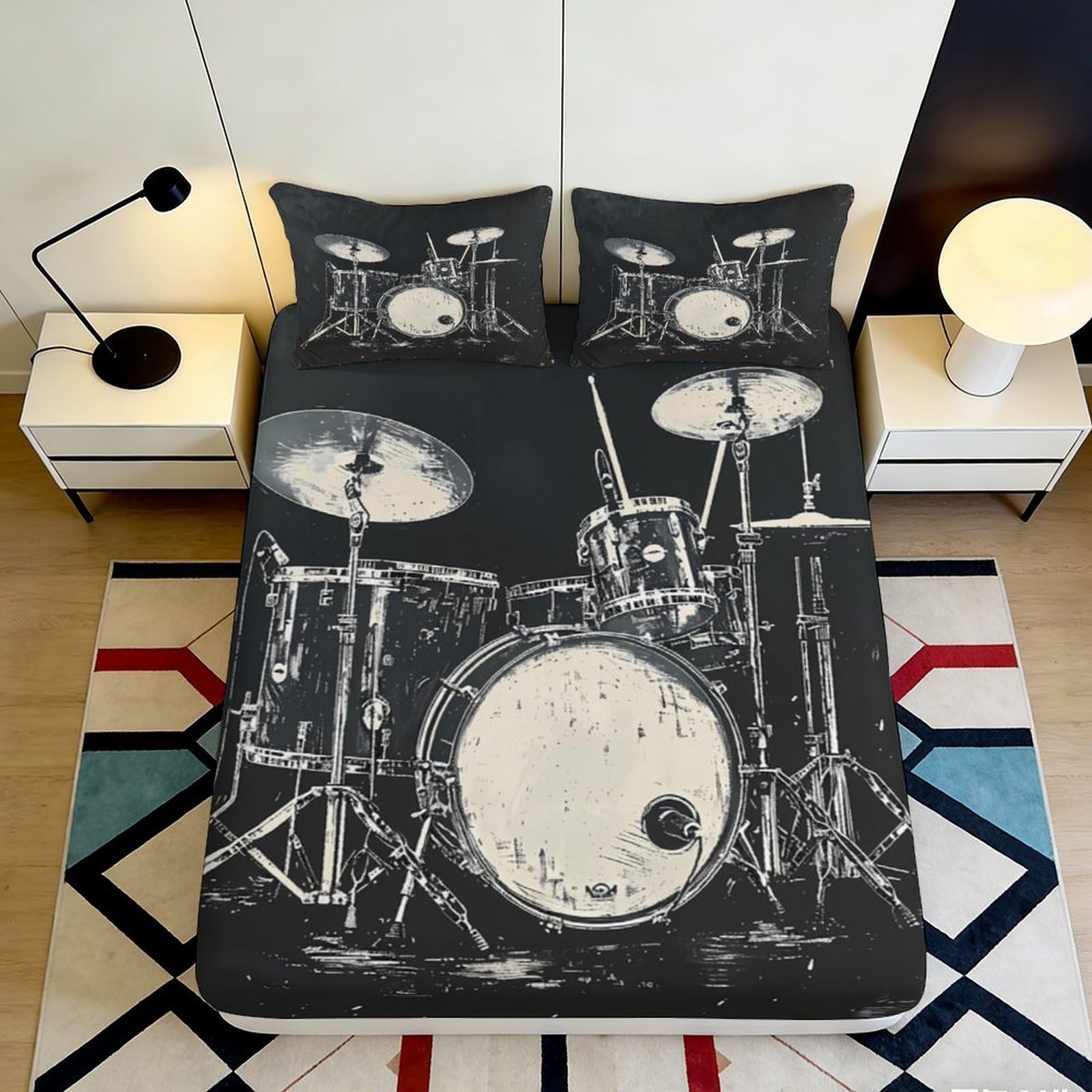 3D Printed Drum Set Fitted Sheet Microfiber Black Music Bedroom Bed Cover for Home Guest Room Decor Easy Care 90x200x25cm