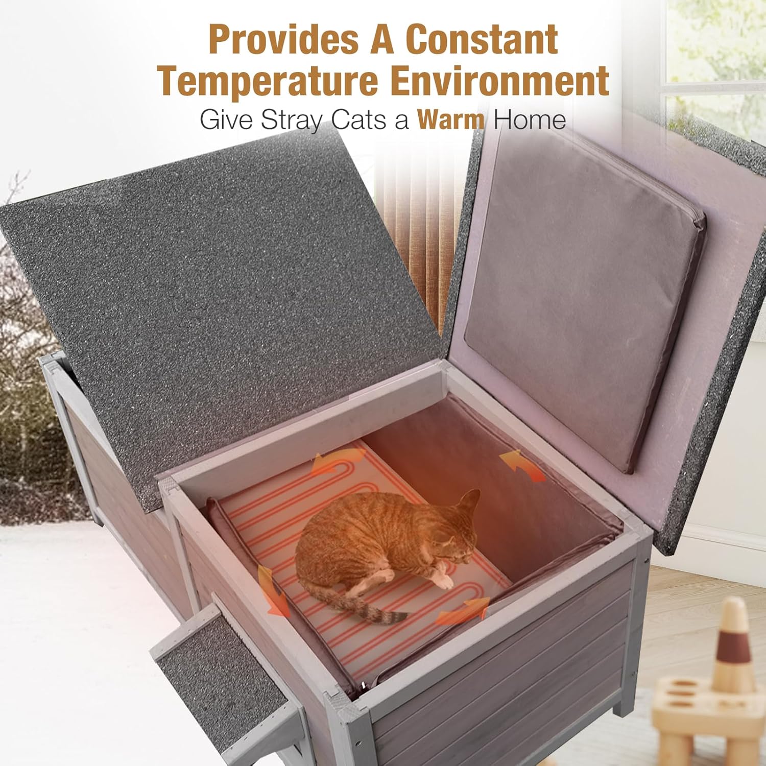 GUTINNEEN Heated Cat House with Insulated Liner Outdoor Cat House Weatherproof Cat Shelter with Heater Feral Cat House for Winter