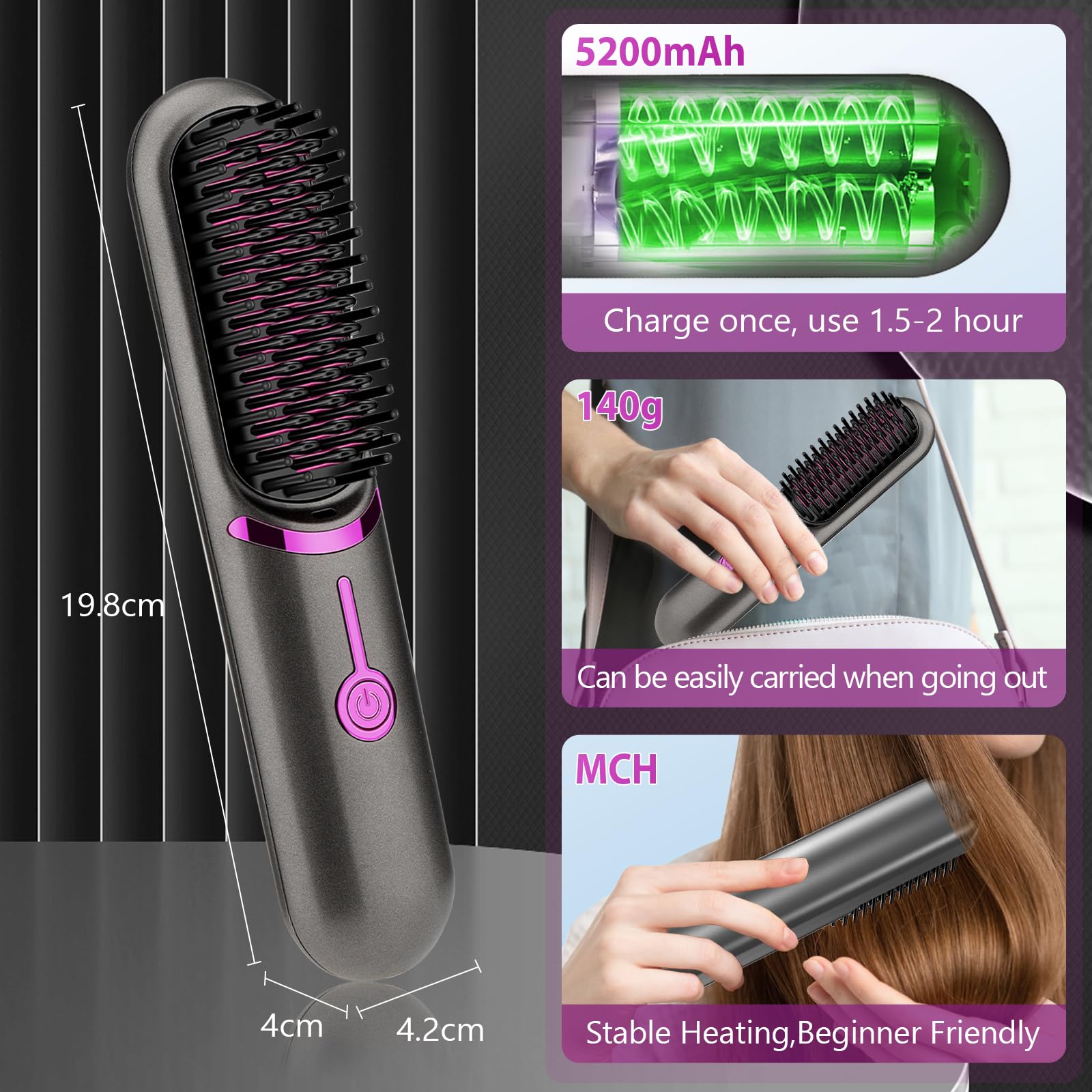 Spazzola Lisciante per Capelli 5200mAh, Piastra per Capelli | Senza Fili, Spazzola Elettrica Lisciante, Piastra Lisciante, 3 Temperature 160°C-200°C, Riscaldamento Rapido