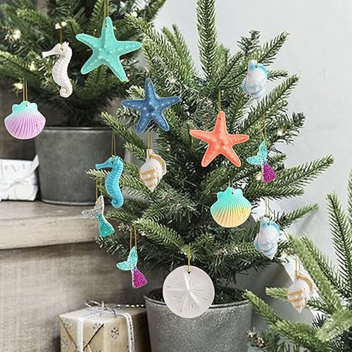 Miniatura 5 de CCINEE 40 adornos de resina de estrellas de mar, adornos colgantes multicolor con temática de océano de Navidad, conchas de mar con cuerdas para