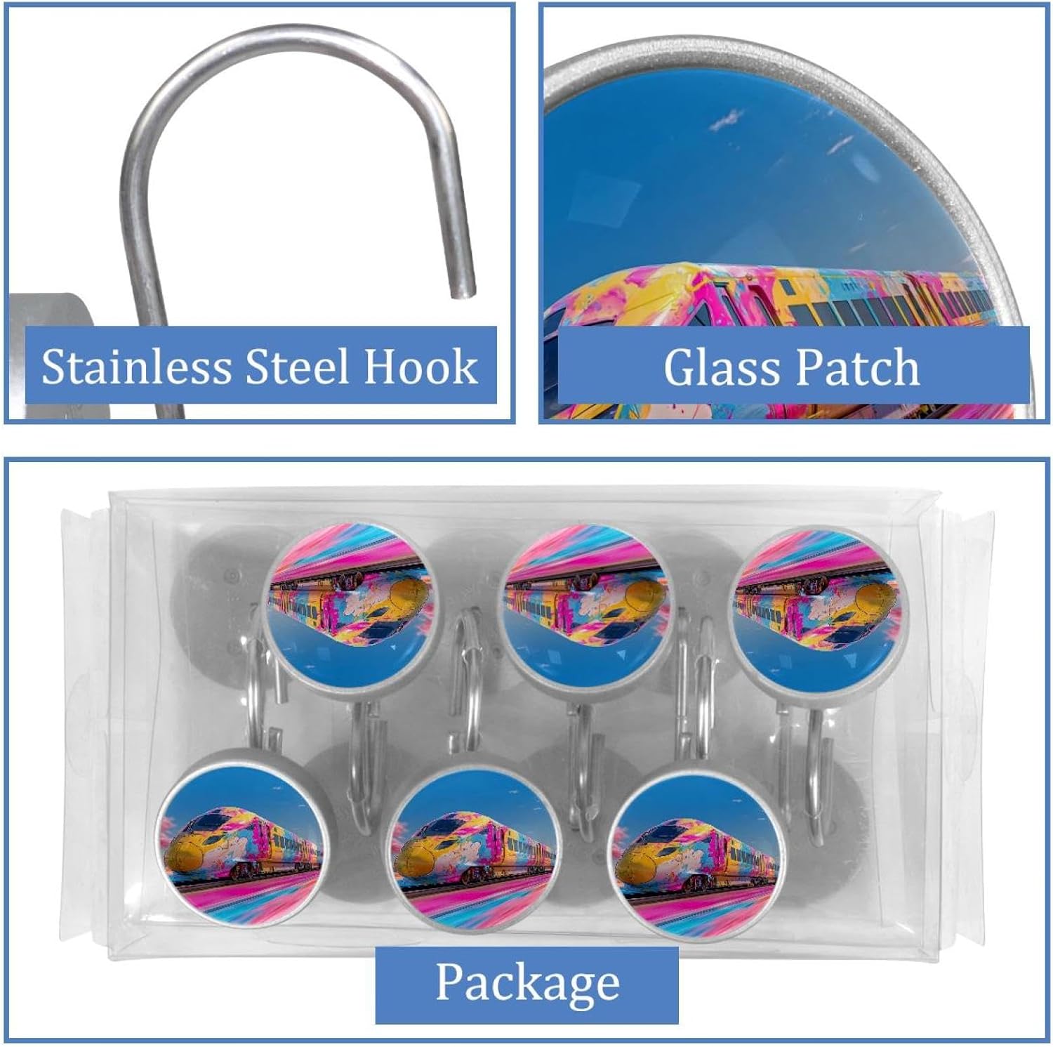 12PCS Colorful High Speed Rail Train (1) Shower Curtain Hooks Rings for Bathroom, Decorative Shower Curtain Hooks Rods Curtains and Liner