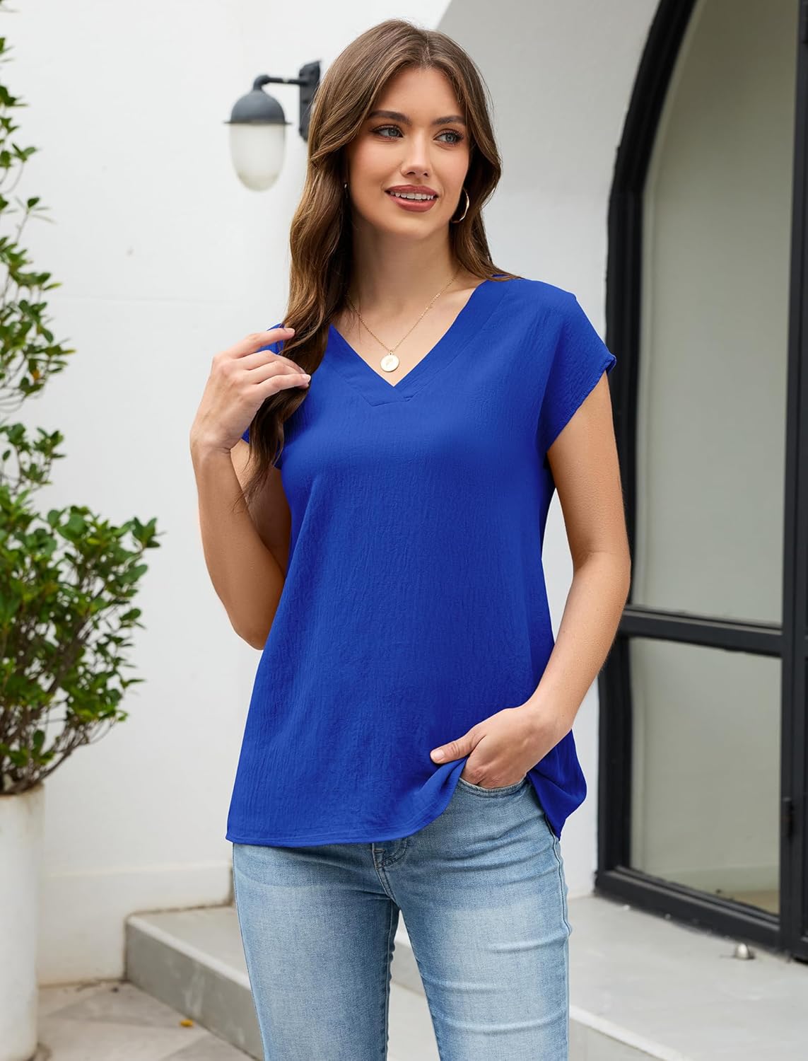 Women V Neck Tops Cap Sleeve Textured Chiffon Blouses Summer Business Work Shirts - Image 3