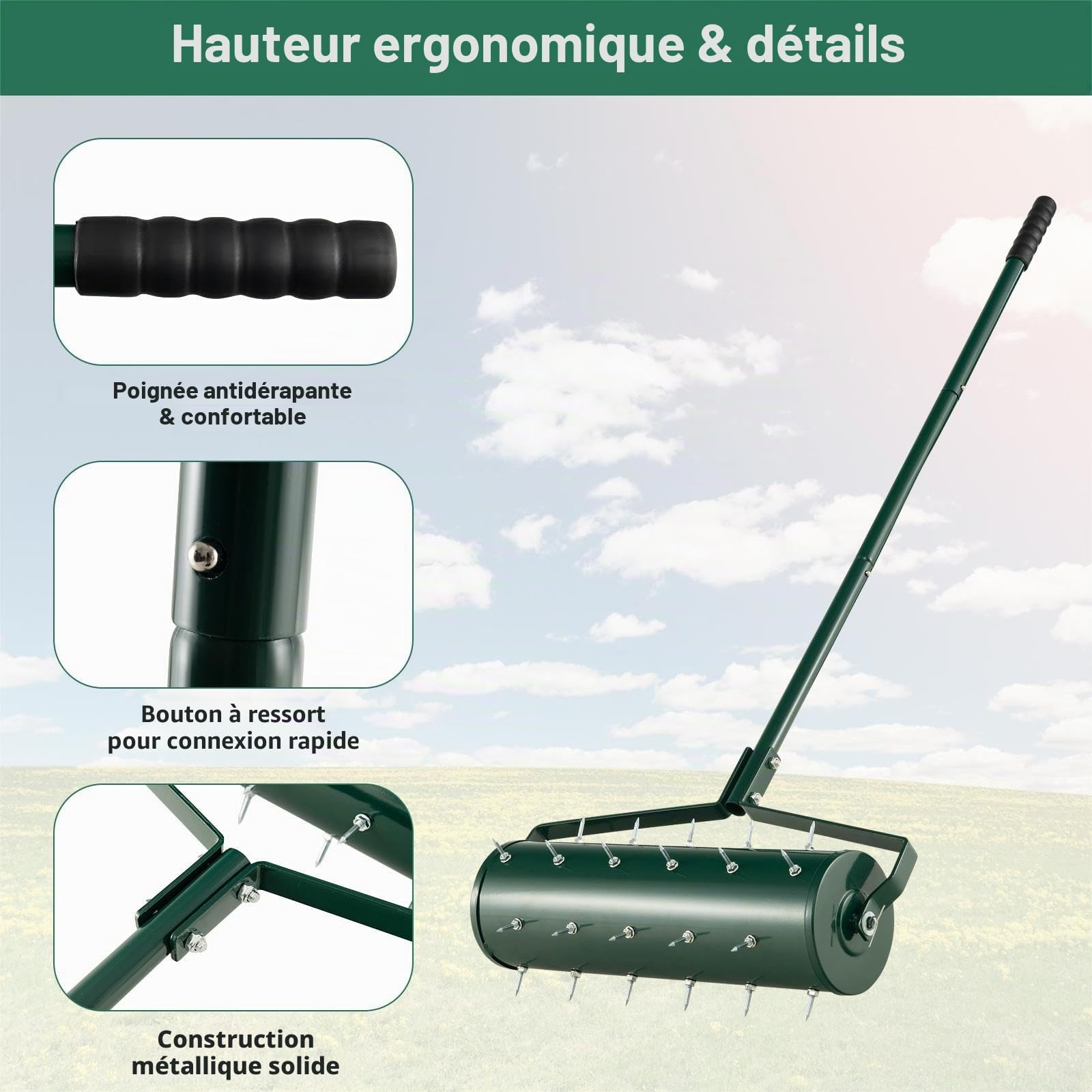 SOARS Rouleau Aérateur Gazon, Scarificateur Gazon Manuel, avec Clous et Manche de 3,5 CM, Métal Galvanisé de Qualité Supérieure, pour Pelouse, Jardin, Cour (Vert-53 x 130cm)