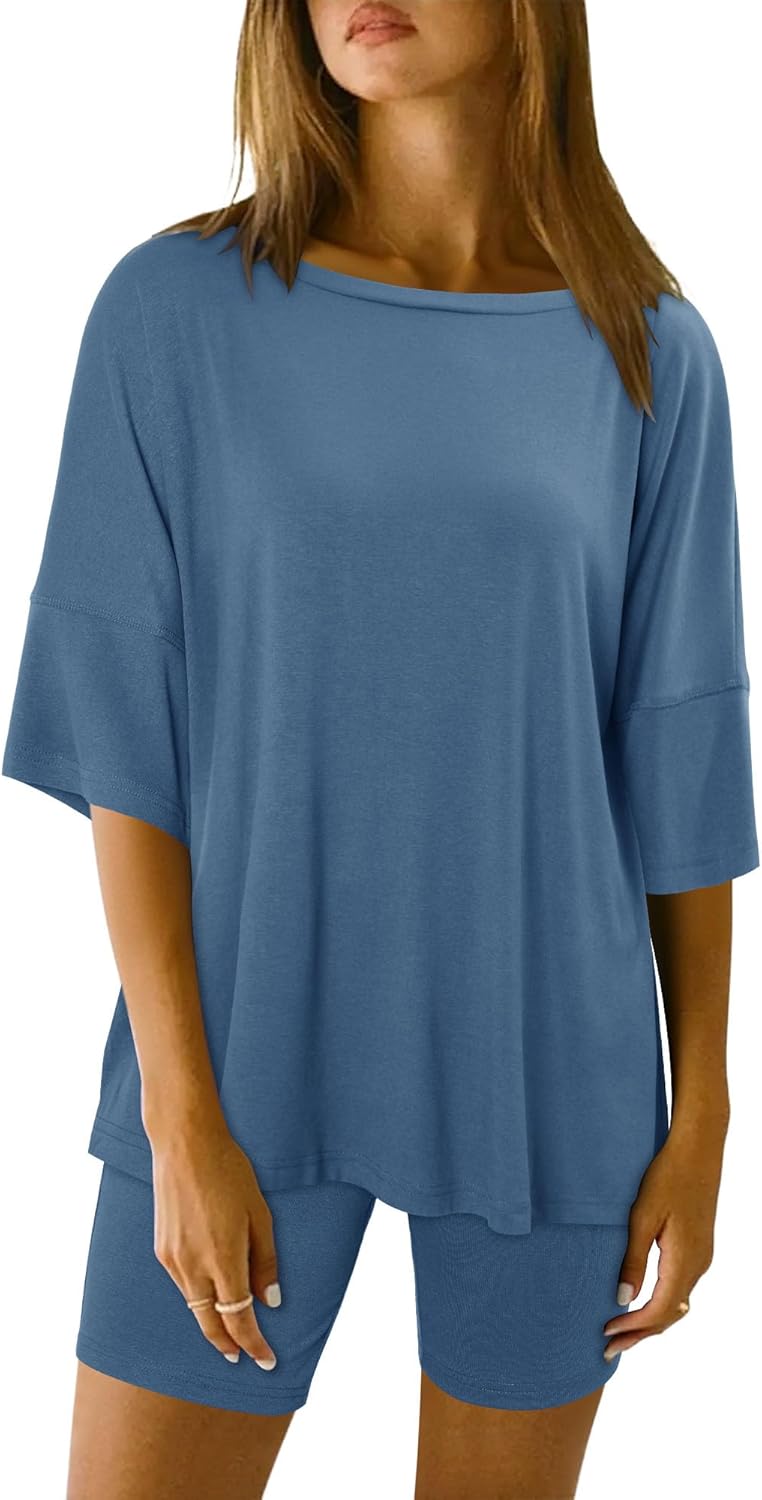 Magritta Women Two Piece Lounge Set Summer Casual Loose Fit Shirts Elastic Waist Biker Shorts Matching Airport Travel Outfit