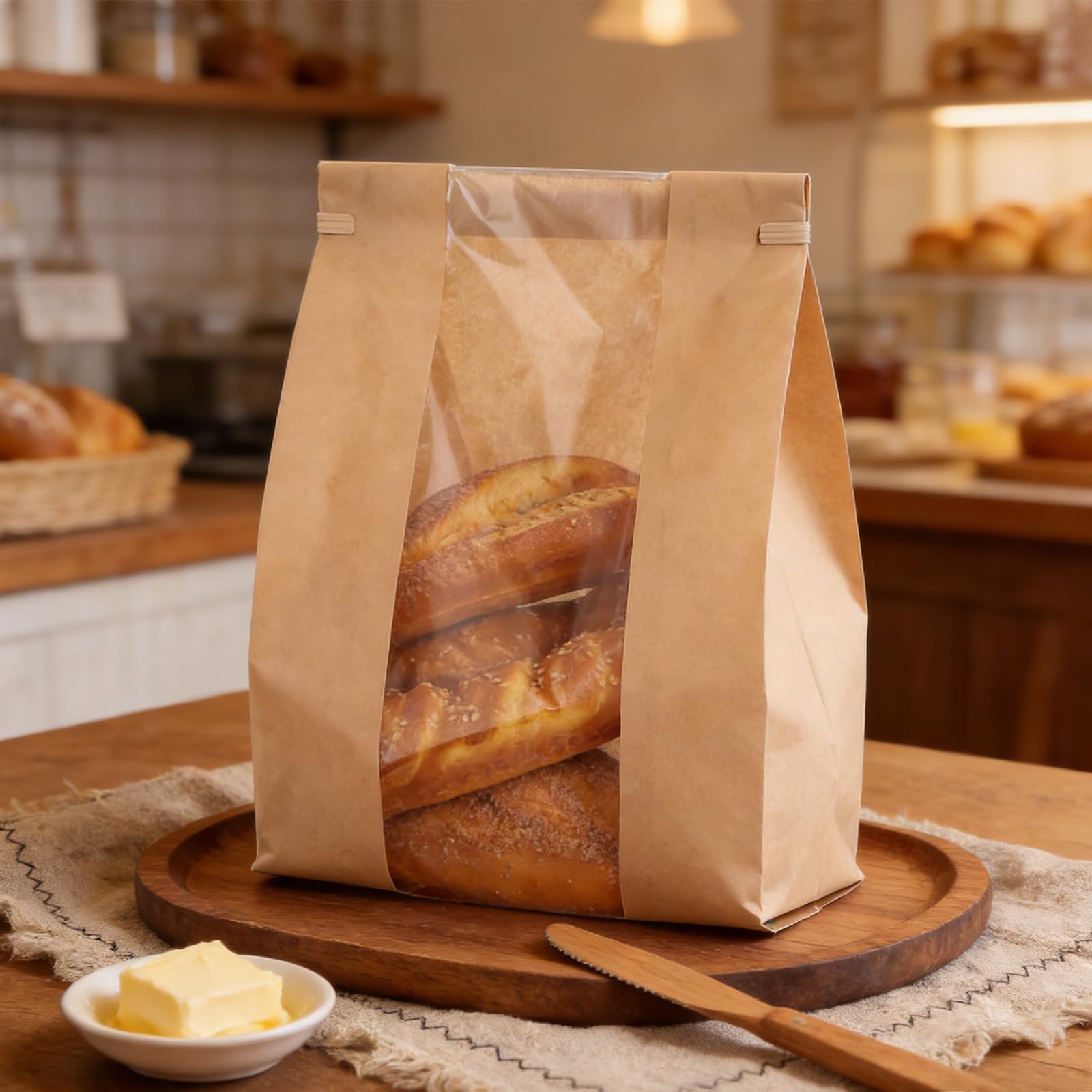 150 sacchetti di carta per pane fatti in casa, sacchetti per pane a lievito naturale con finestra e grandi sacchetti di carta adesivi di ringraziamento, sacchetti per panini per imballaggi al