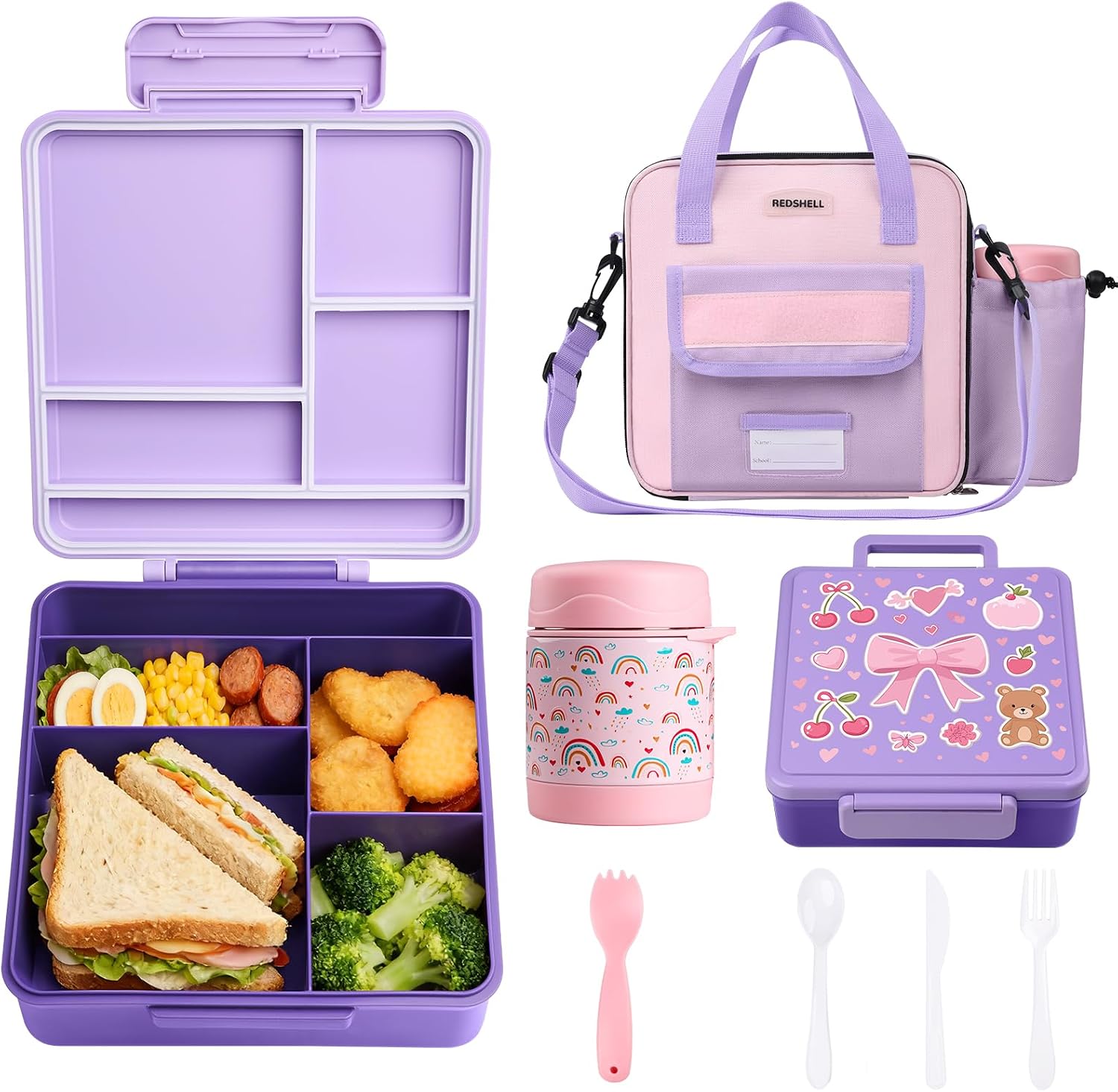 REDSHELL Kids Bento Lunch Box Set, Insulated Lunch Bag for Girls, Purple