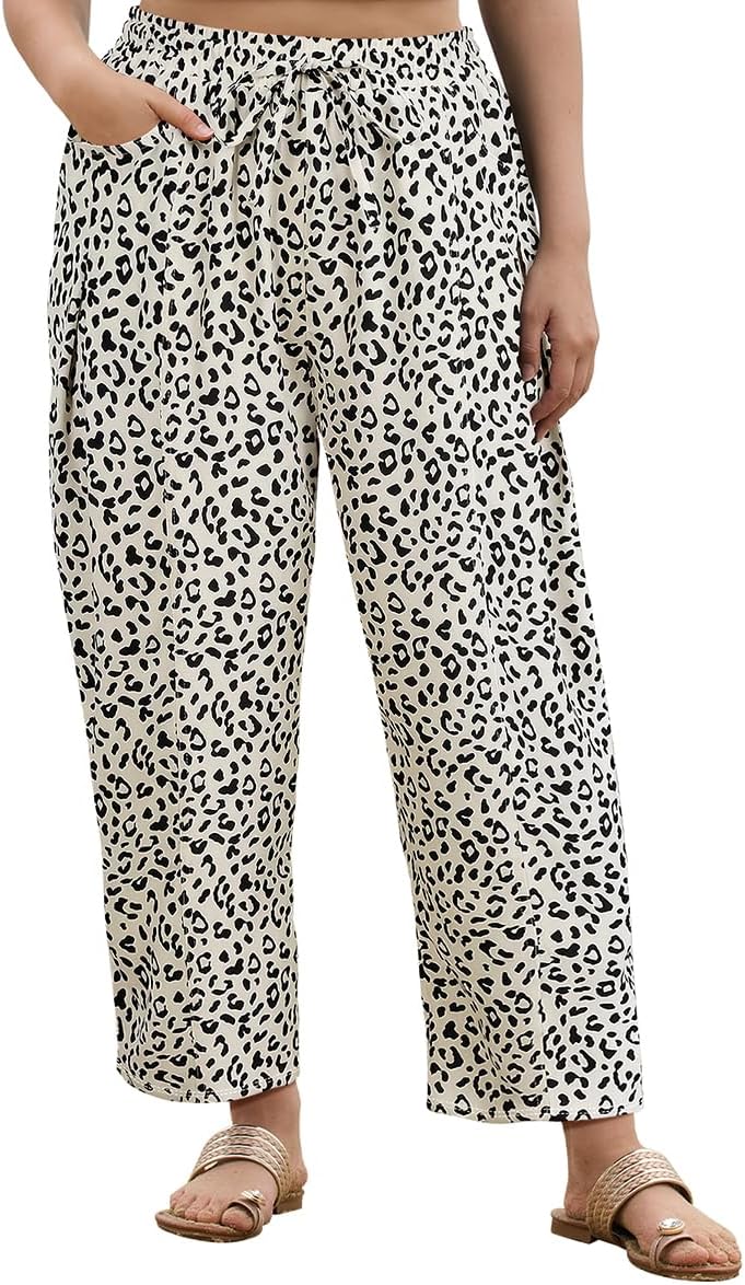 RITERA Plus Size Pants for Curvy Women Summer Palazzo Pants Drawstring Beach Harem Trouser Vacation Pants with Pockets XL-5XL