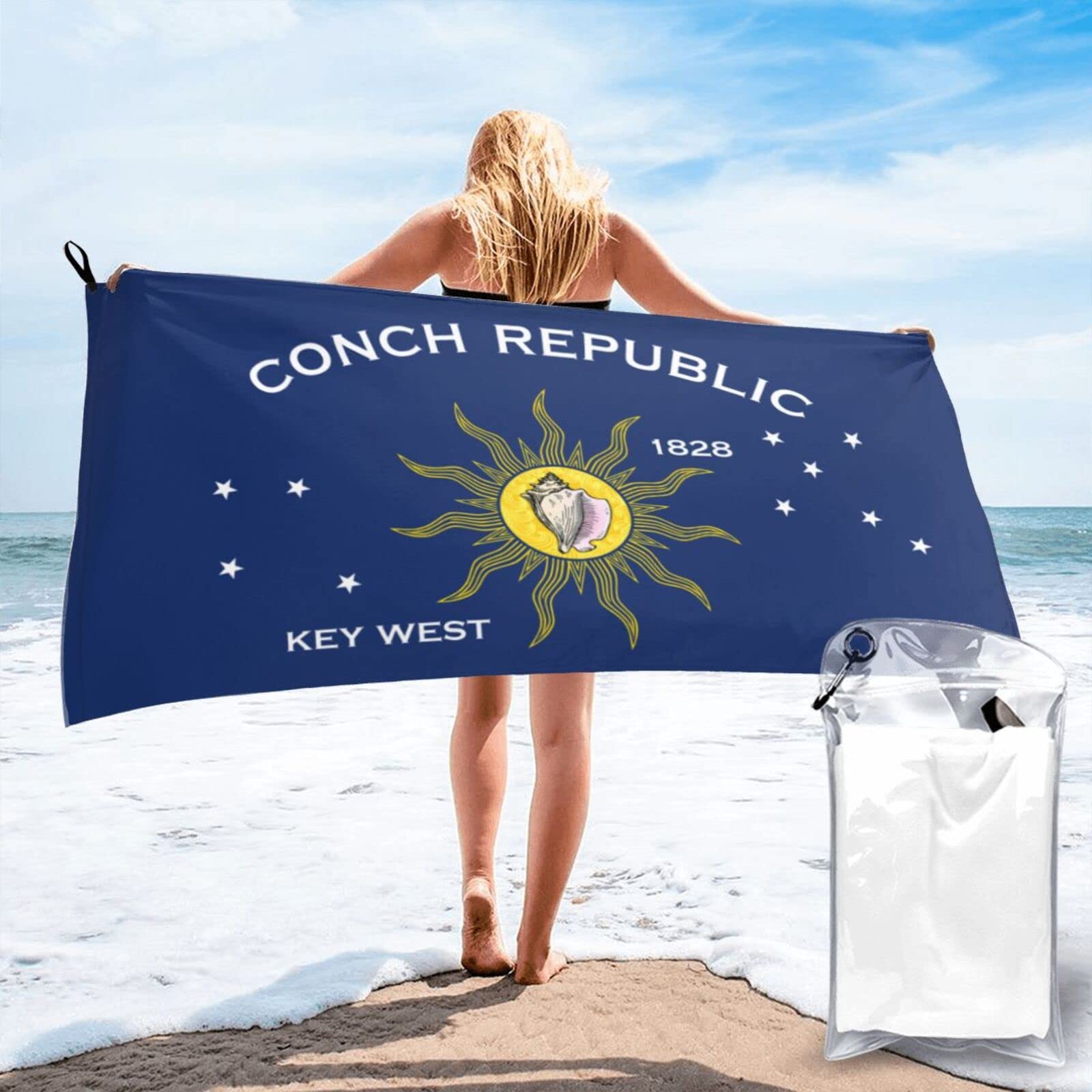 Lawenp Conch Republic Flag Microfiber Beach Towel Adults Large Quick Drying Bath Towel Travel Towels with Pouch 27.5"x55"