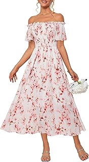 GRACE KARIN Women's Dresses Off Shoulder Flowers Wedding Dress with Pockets Elegant Summer Dress Women's Light and Airy
