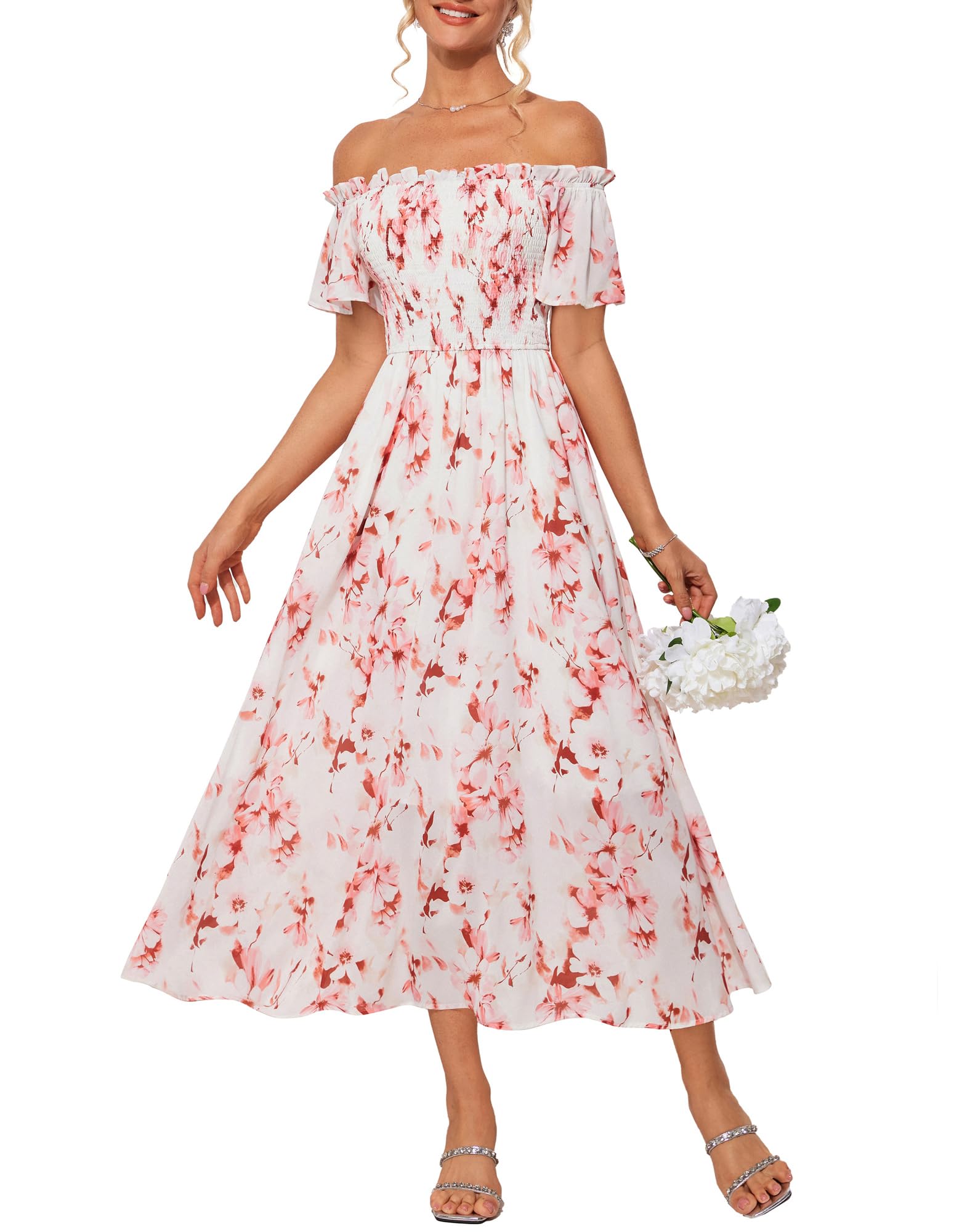 GRACE KARIN Damen Kleider Schulterfreies Blumen Hochzeitskleid mit Tasche
