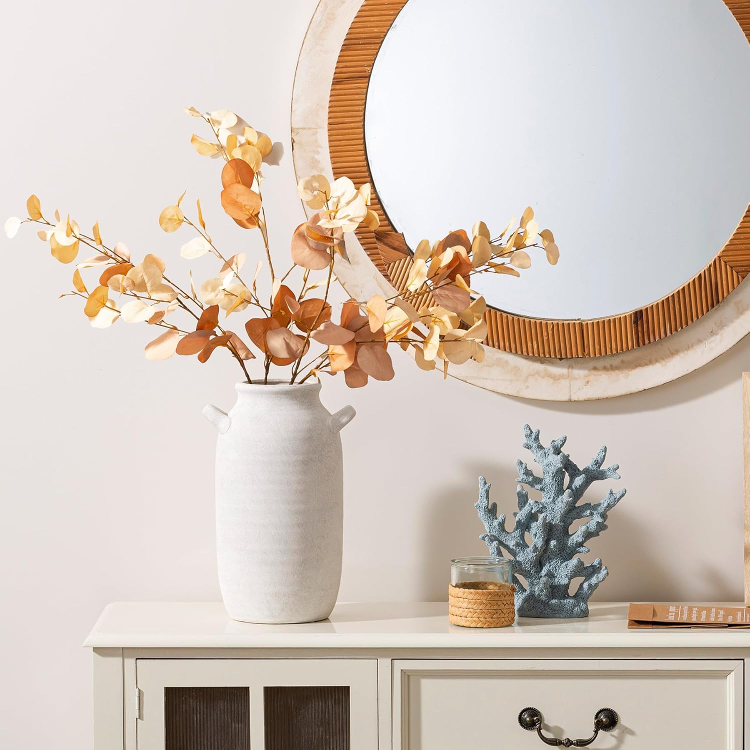 Large Flower Vase Home Decor - 12 inch Tall Ceramic Farmhouse Rustic Table Vases with Handle Living Room Decoration Decorative Rustic Pottery for Floor Kitchen Shelf Coffee Dining Desk Fireplace - Image 5