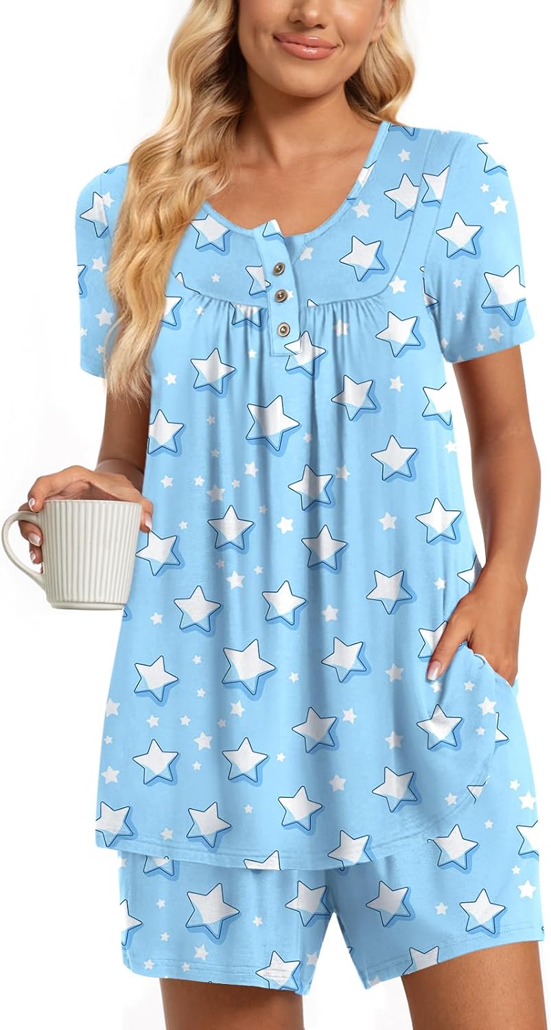 Women Pajama Sets Summer Short Sleeve Pjs 2 Piece Plus Size Lounge Sleepwear Set with Pockets