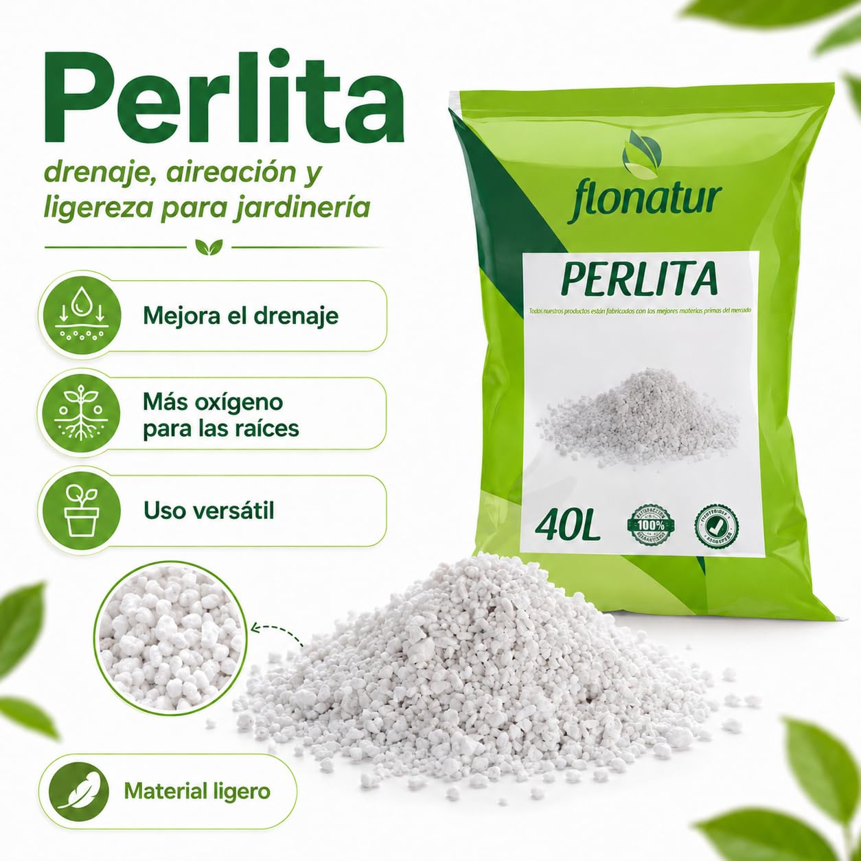 Perlita, Mineral para Mezclar con sustrato, válido para Cualquier Cultivo, Formato en Saco (40L)