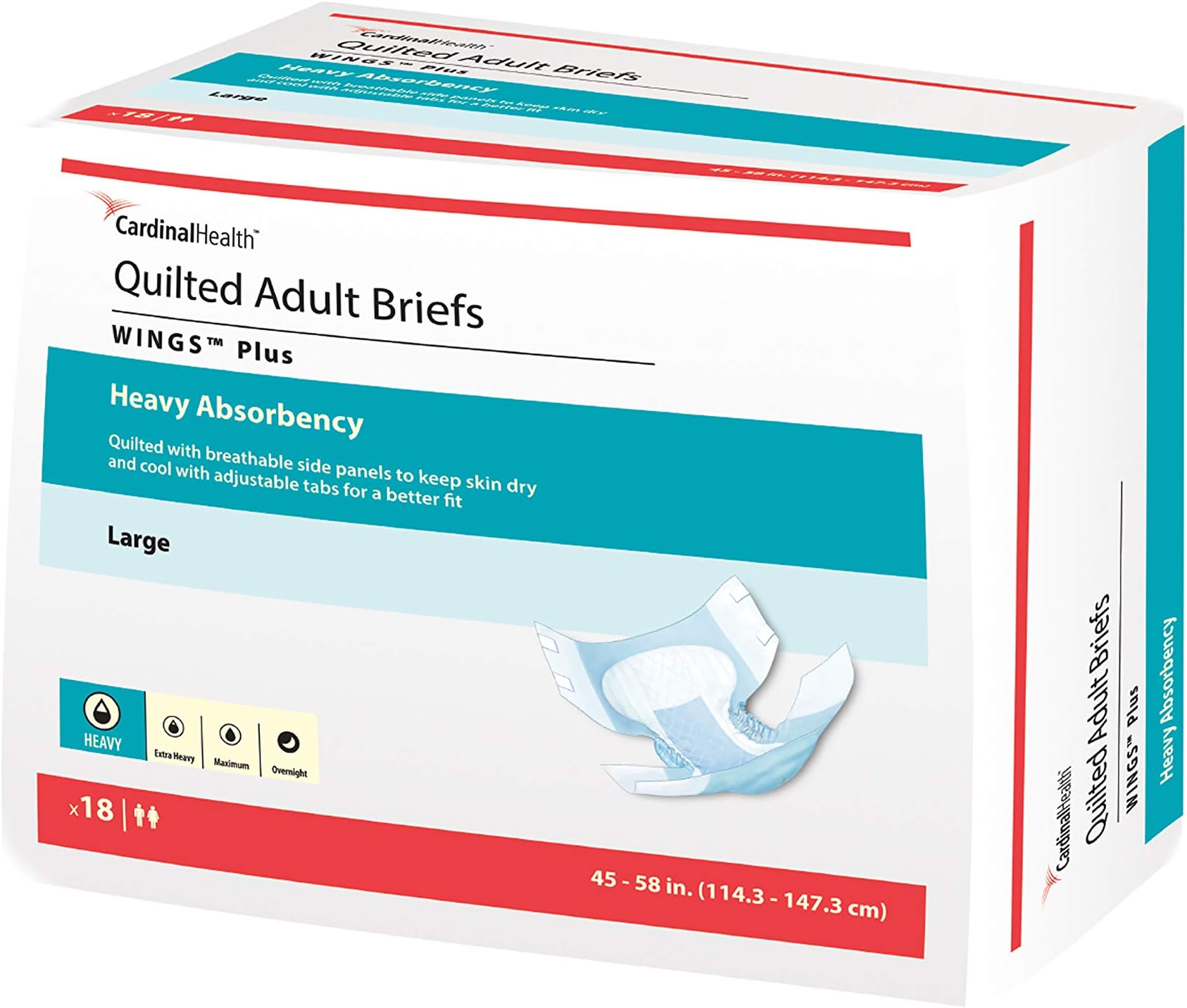 Kendall Cardinal Health 66034 Quilted Adult Briefs, Wings Plus, Heavy Absorbency, Large