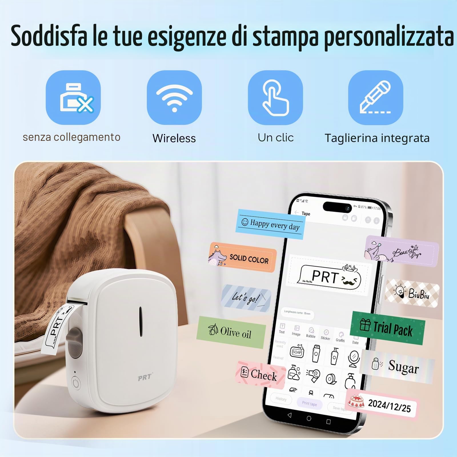 PRT Label Makers Machine with Tape Built-in Cutter Portable Bluetooth Handheld Sticker Printer for Home Office Organization iOS Android Mini Inkless Labeler USB Rechargeable- White