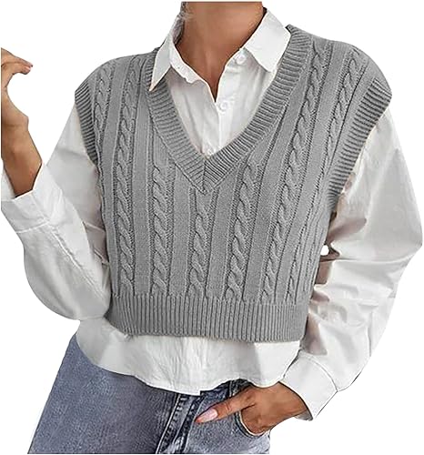 Suéter de punto trenzado para mujer, chaleco corto casual sin mangas, cuello en V, suéter de punto de ganchillo