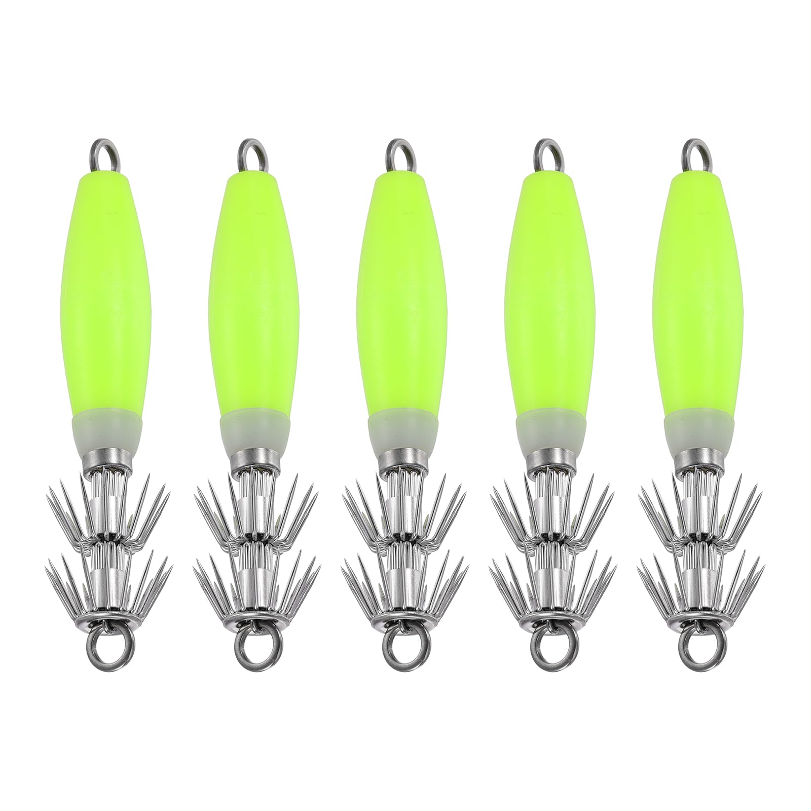 YELARXI Luminous Squid Jig Hooks, Squid Jigs Saltwater Glow in Dark Dual-Layer Hooks Fishing Lures Bait 3.9'' & 5Pcs & Yellow - Fit for Cuttlefish Sleeve Night Fishing