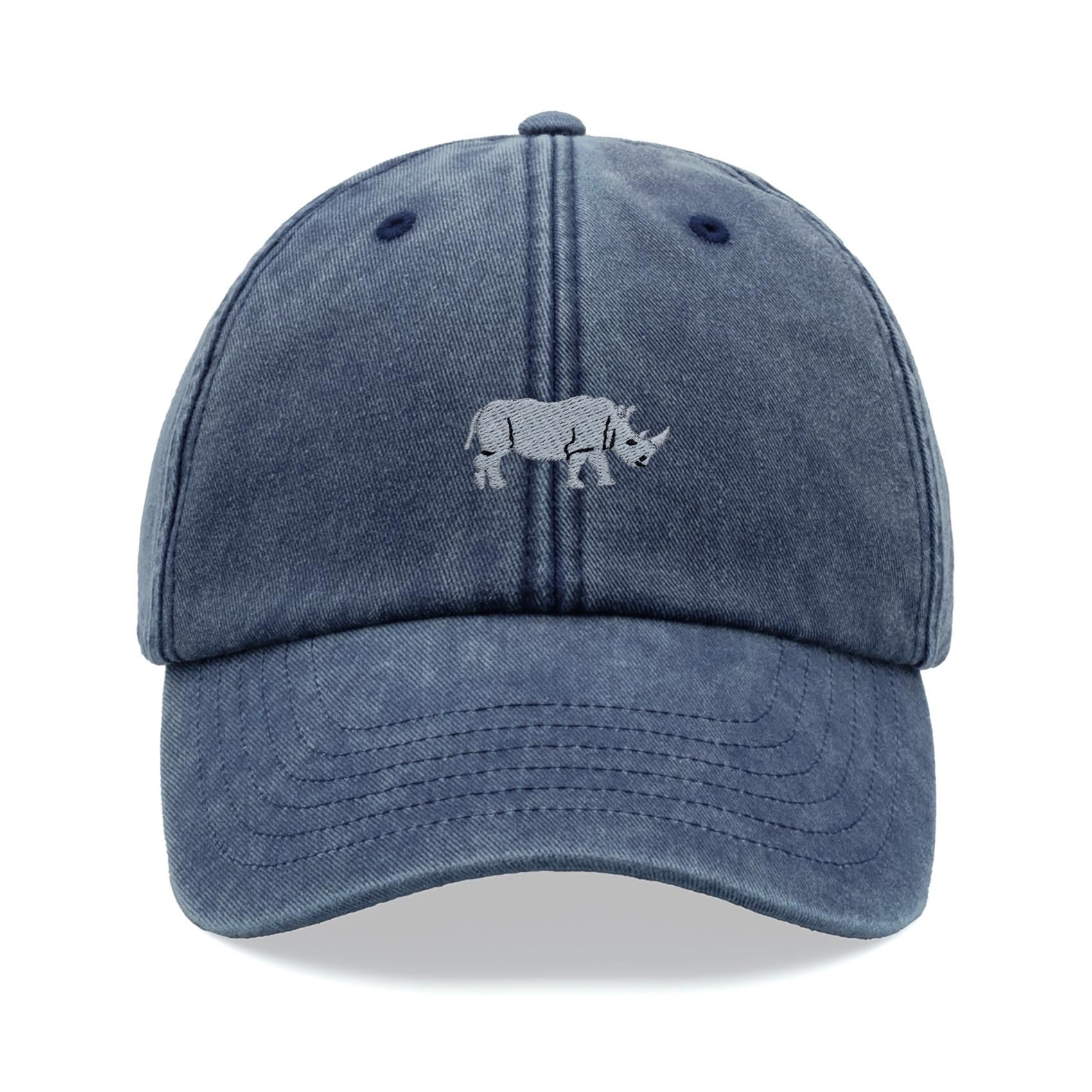 Rhino Baseball Cap Vintage Washed Unisex Dad Hat Adjustable Blue Denim