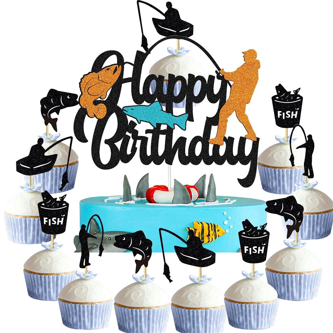 13 pezzi, Decorazioni per Torta &*;Gone Fishing&*; Topper per Torta di * Decorazione per Torta Pescatore Decorazione per Torta a Tema Esterno Decorazione per Festa di Compleanno * &*;Gone Fishing