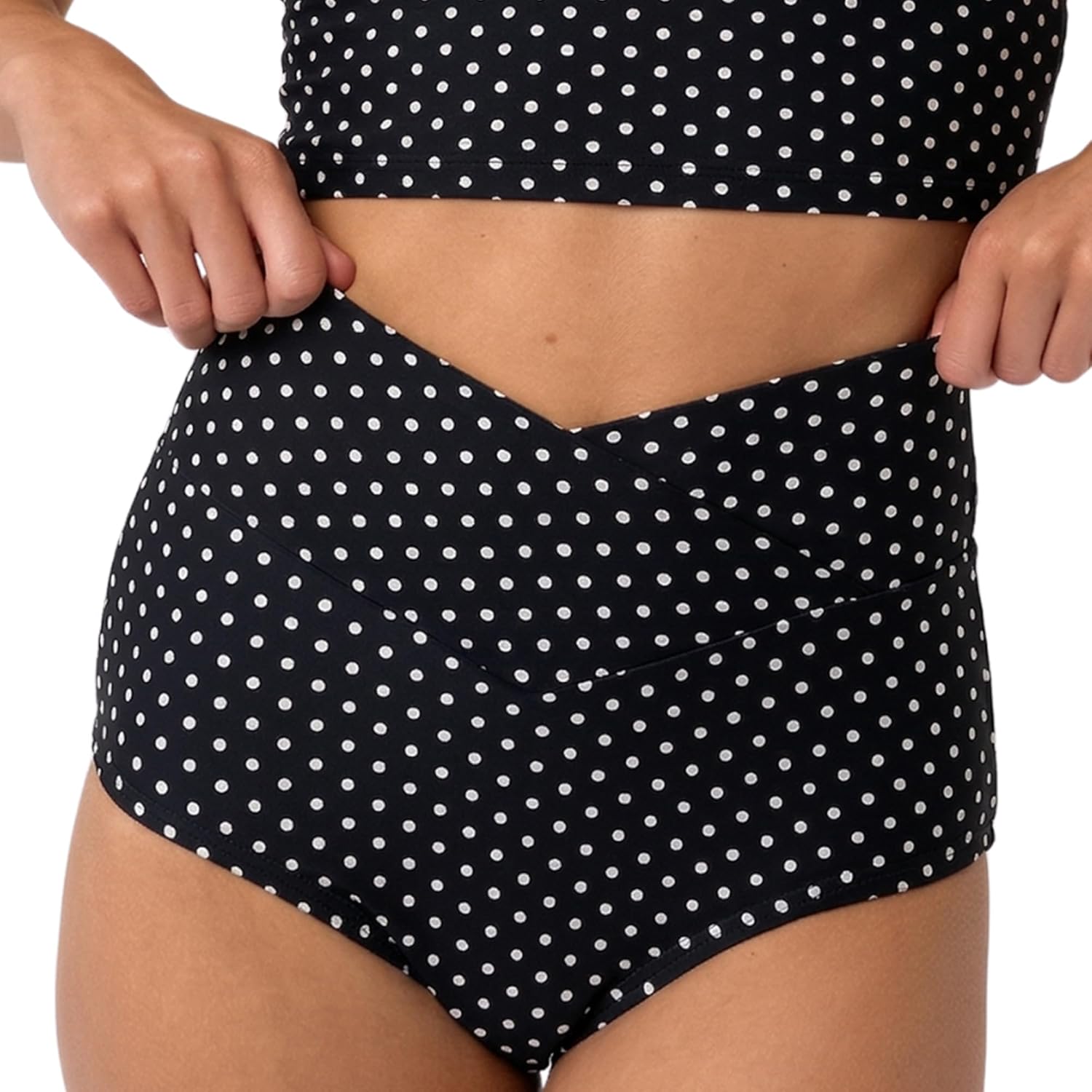 MANAVA Vacationer Bottom Black White Polka Dot – Women’s High Rise V Cut Bikini Bottom, Ruched High Waisted - (XXS - 3XL)
