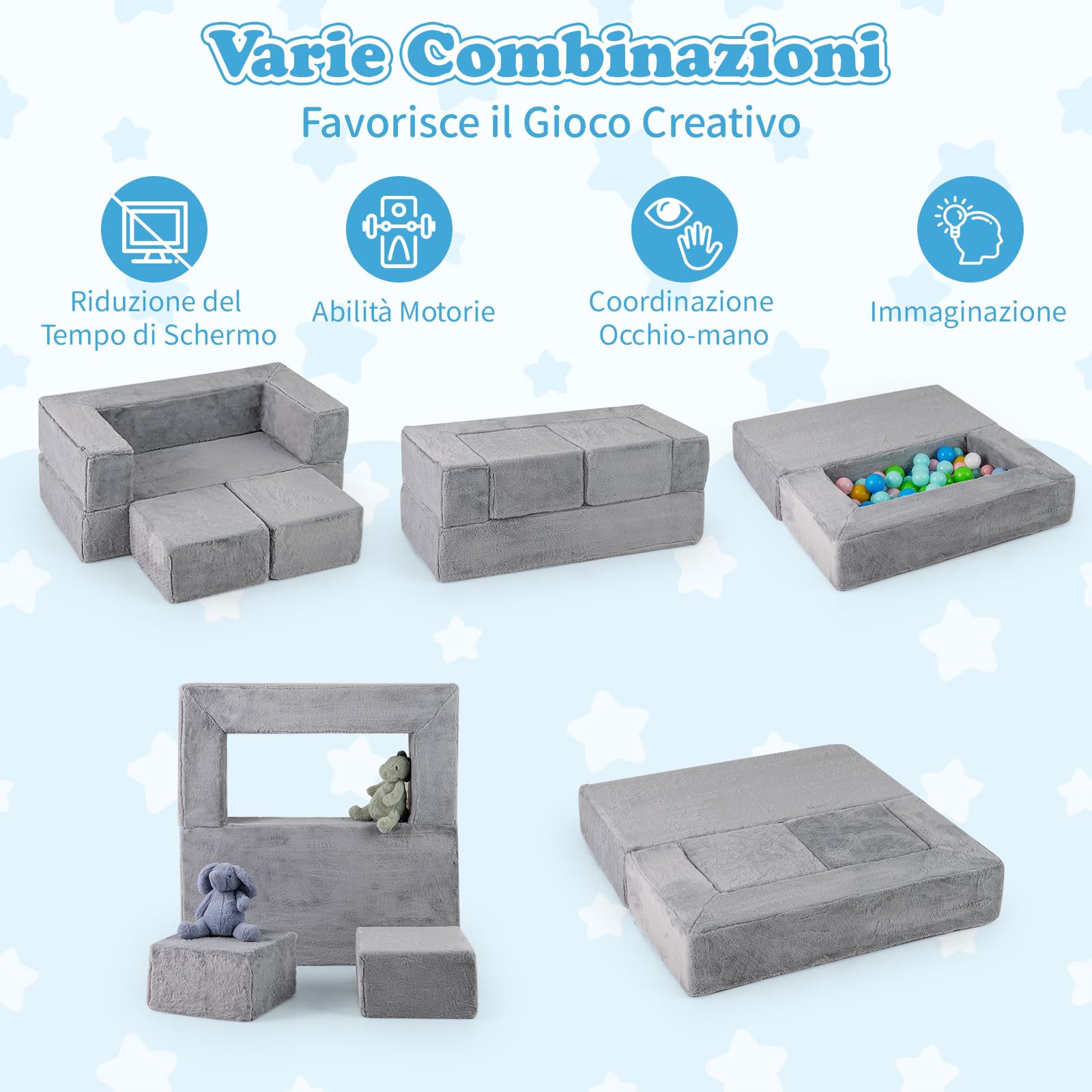 COSTWAY Divano Modulare per Bambini 4 Pezzi in Schiuma | Divano Letto per Bambini con Poltrone per Stanze da Gioco, Camere da Letto e Soggiorno