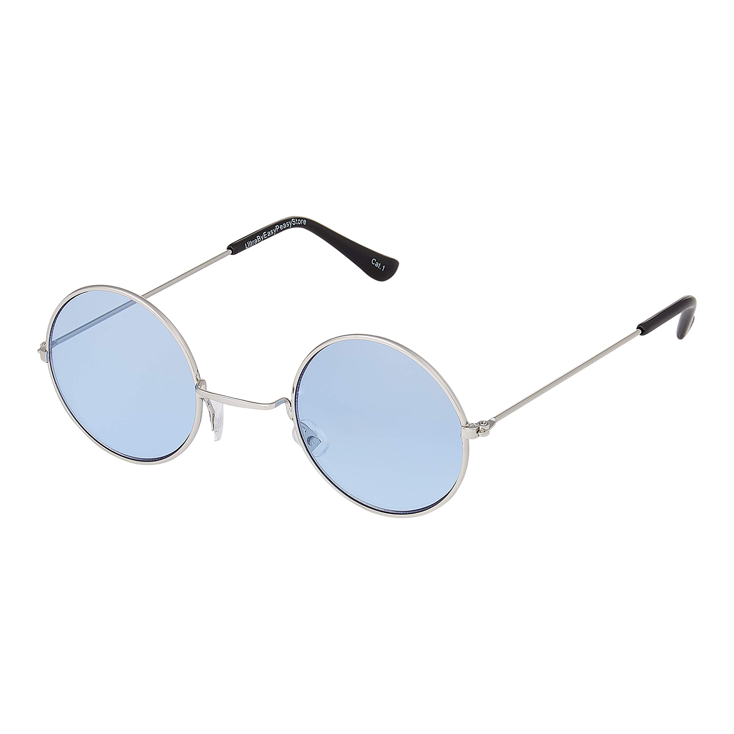 Ultrabyeasypeasystore Unisex Silver With Light Blue Lenses Ultra - Small Round Uv400 Mens And Womens Round Sunglasses - Stylish Festival And Designer Glasses - Perfect Sun Glasses For Men And Women - Cool Metal Shades - Silver With Blue Lenses