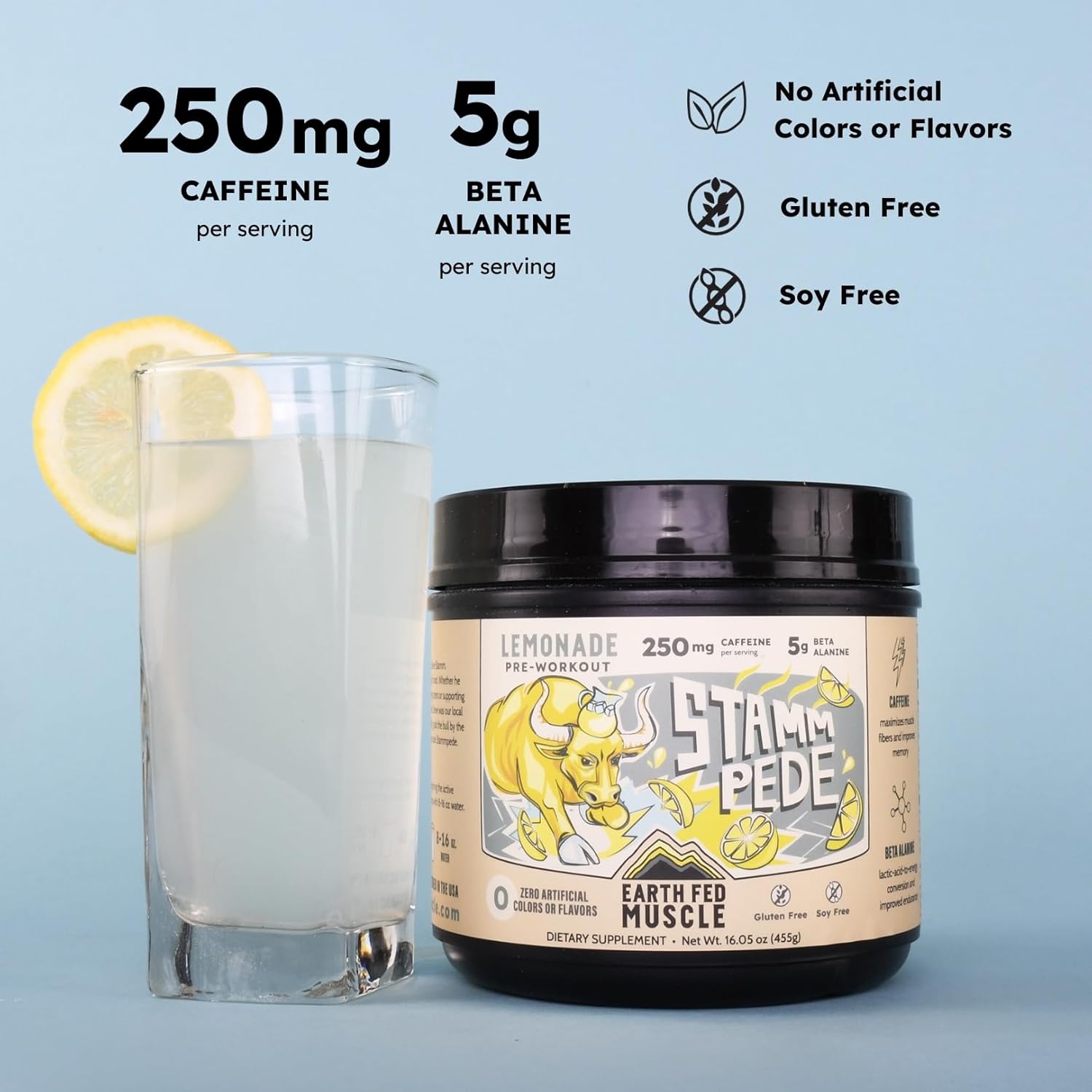 Earth Fed Muscle Stammpede Pre Workout Powder, Lemonade Flavor, 250mg Caffeine Powder, 5g Beta Alanine, Citrulline, Taurine & Tyrosine, Gluten & Sugar Free Pre Workout, Keto Friendly, 26 Servings - Image 2