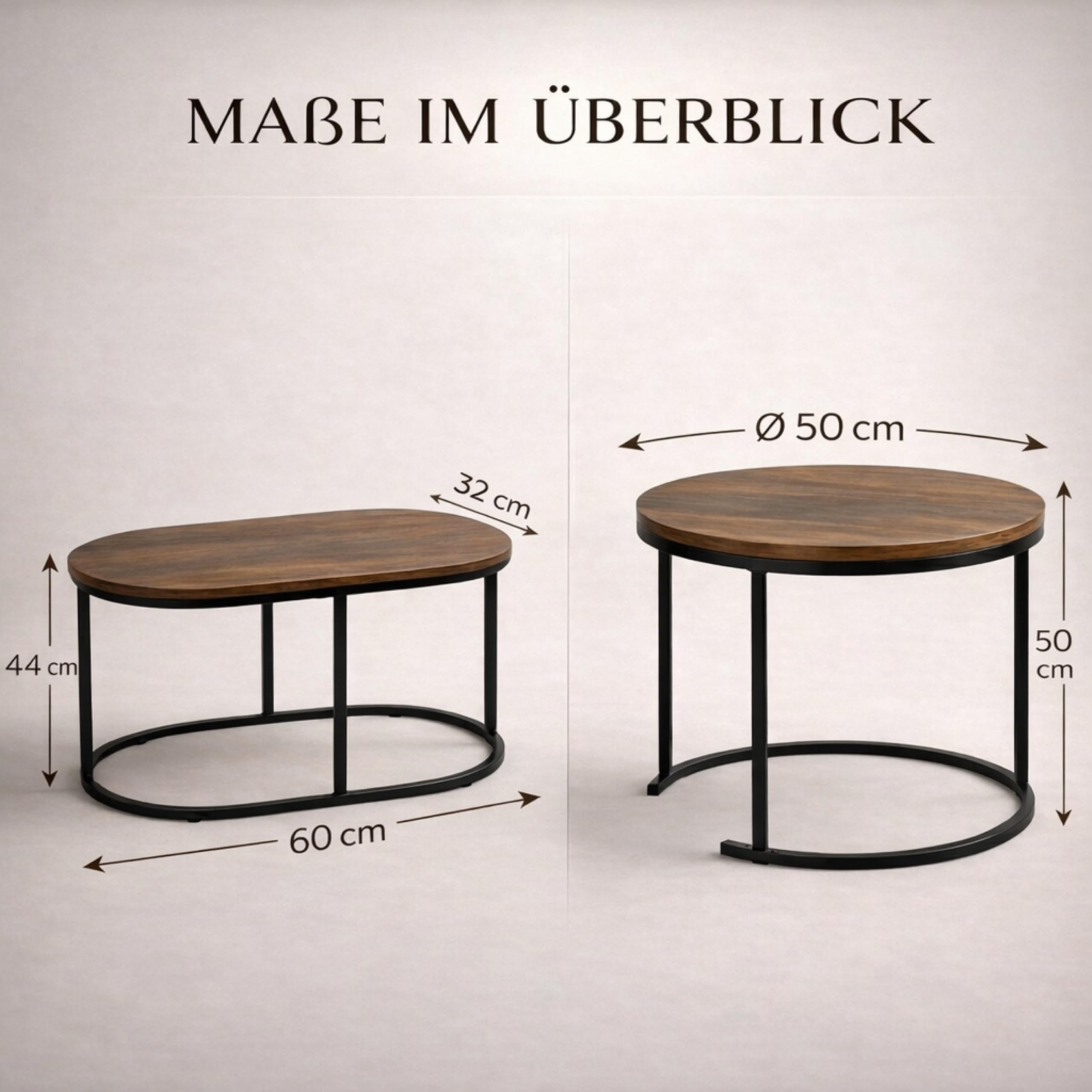 Couchtisch Rund & Oval, 2er Set Satztisch Holzoptik, Schwarz | Platzsparendes Satztisch Set für Wohnzimmer, modernes Nesting Design, stabiles Metallgestell