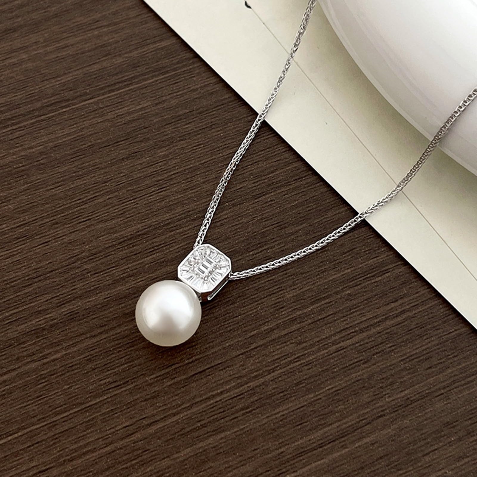 Collana 375/585/750 Oro Bianco, Ciondolo per Collana Semplice Donna con Perla Acqua Dolce e Diamante Sintetico, Catena Regolabile 40+5 cm