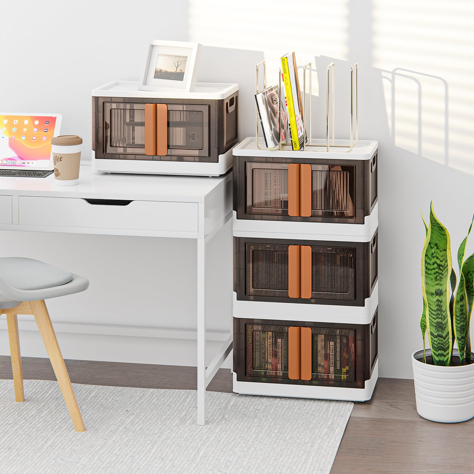 Foldable Storage Boxes with Doors - 4 Pack, 8.4 Gal Capacity - Closet Organizer, Folding Cabinet with Lids, Wheels - Ideal for Home,Dorm,Trunk,Bedroom - Plastic Collapsible/Stackable Storage Bins/Cube