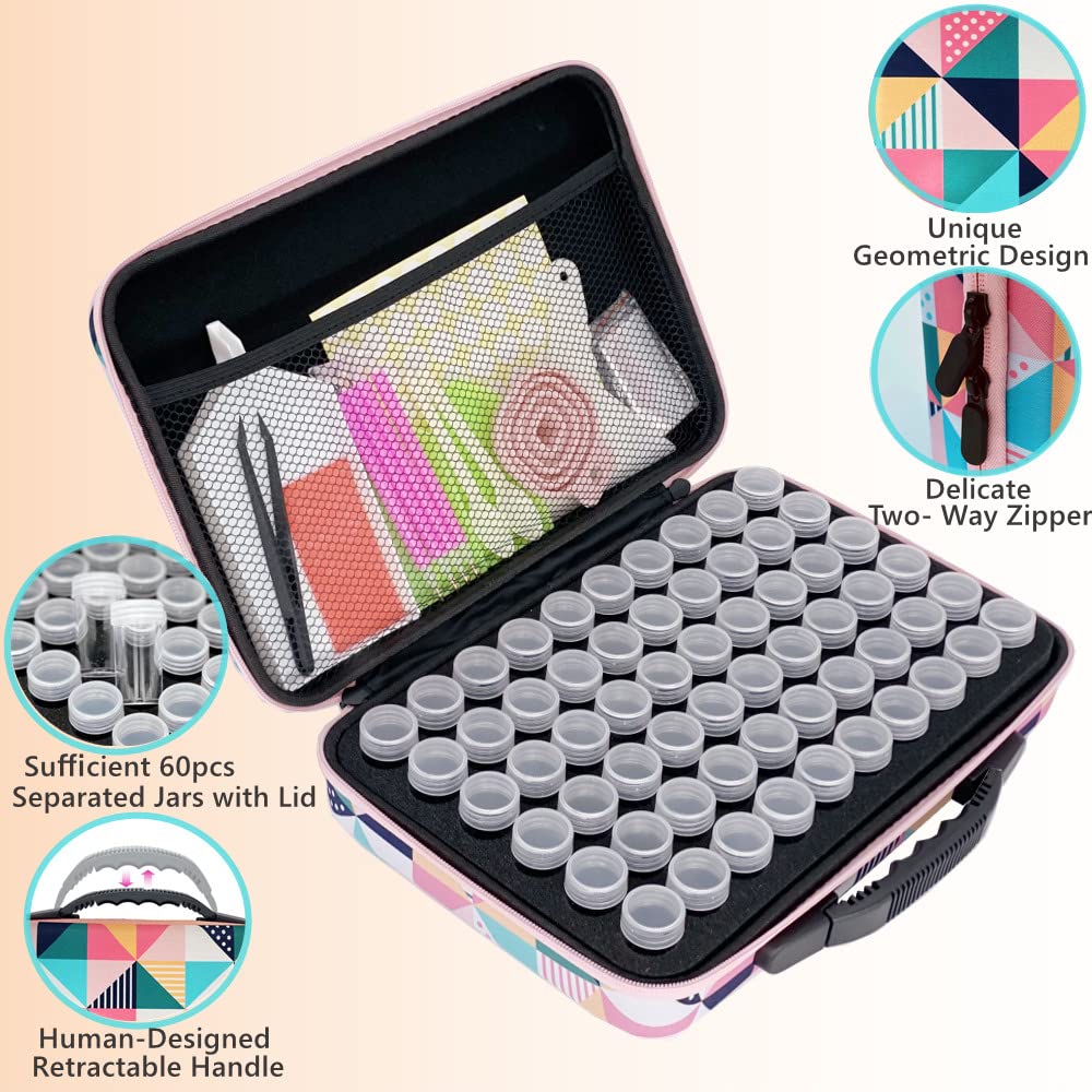 Amedoo Diamond Painting Storage Containers, 60 Slots Diamond Painting Accessories, Big Capacity 5D Diamond Painting Kits DIY Art Craft Jewelry Beads Rhinestones Organizer (60 Slots, Geometric)