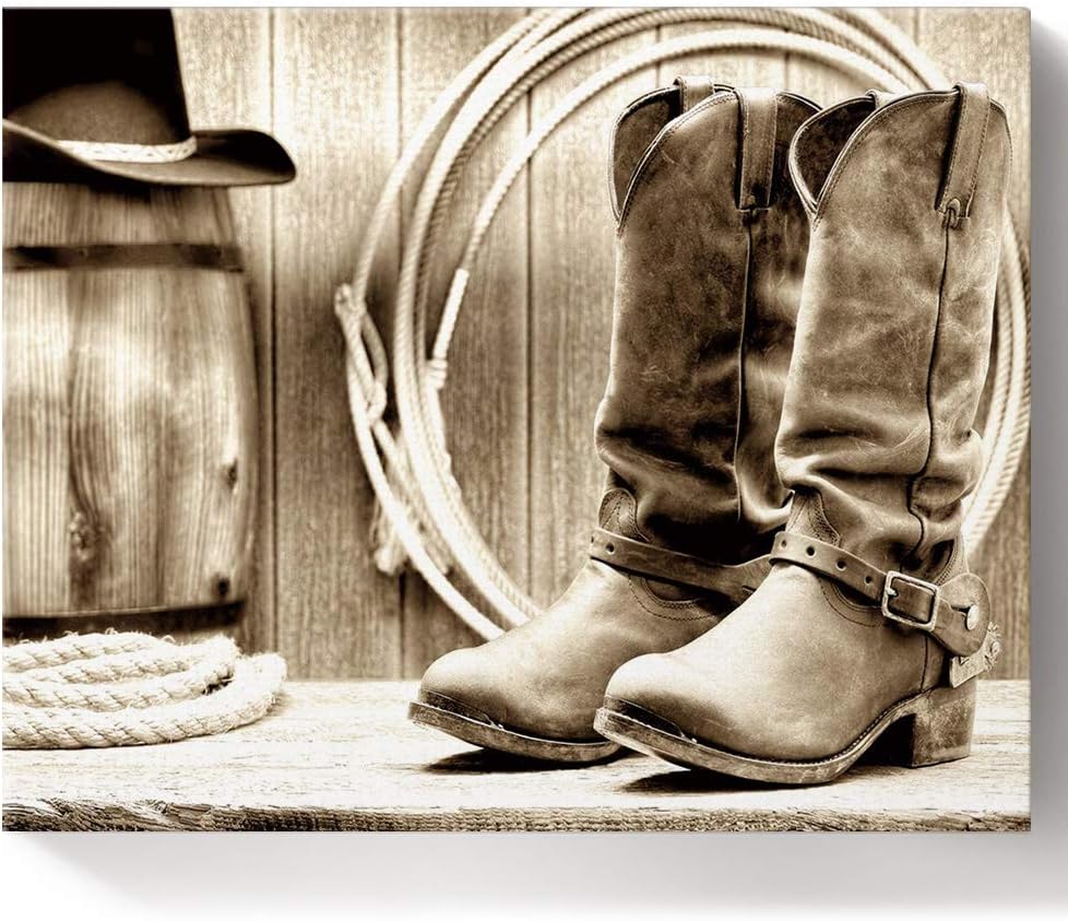 FOREVER20 Paint by Numbers DIY Acrylic Painting Kit for Adults Kids Beginner Western Cowboy Boots and Hat on Canvas Wooden Framed for Bedroom Livingroom Wall Decor 16x20in