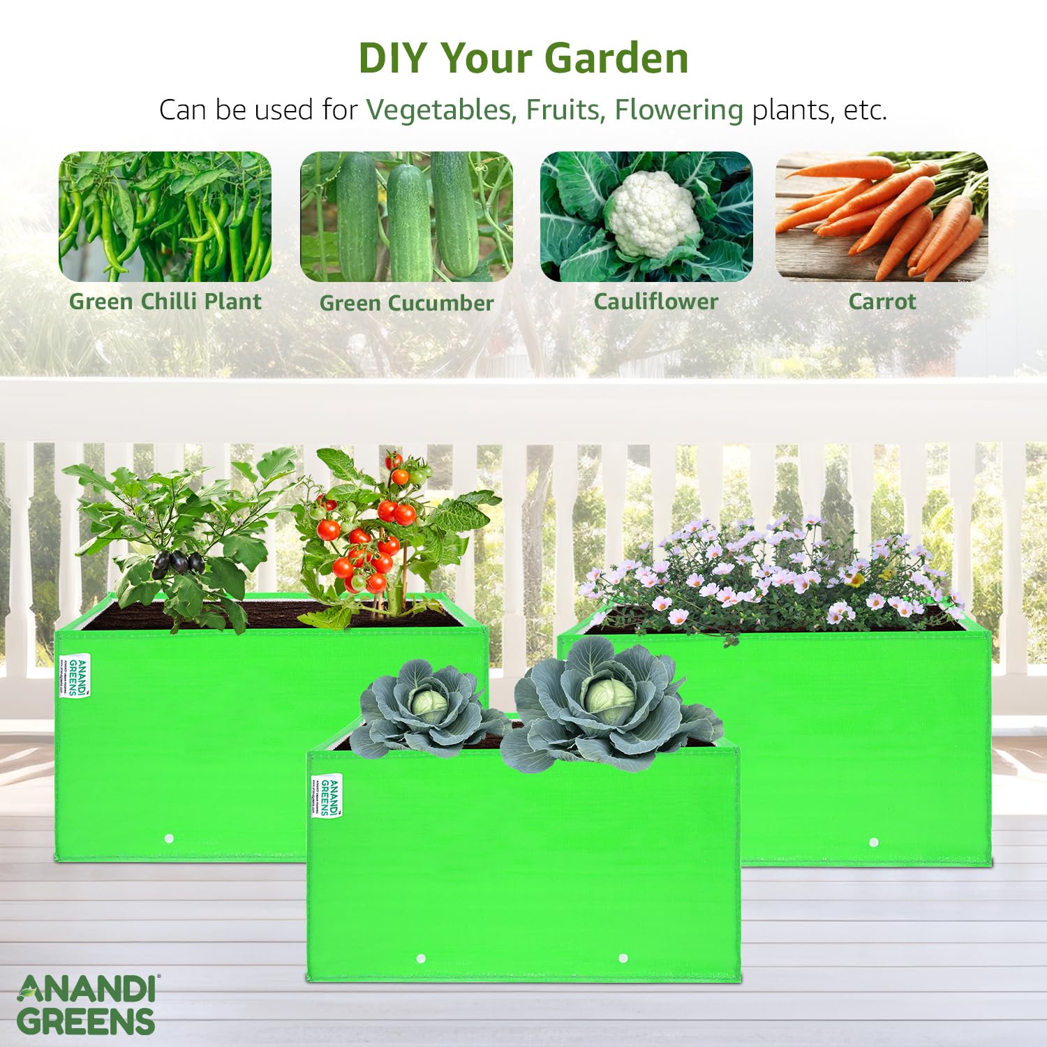 Anandi Green's Premium HDPE UV Protected 260 GSM Square Shaped Green Colour Plants Grow Bags Suitable for Terrace and Vegetable Gardening (Pack of 5, 24X12X9 INCH) 2