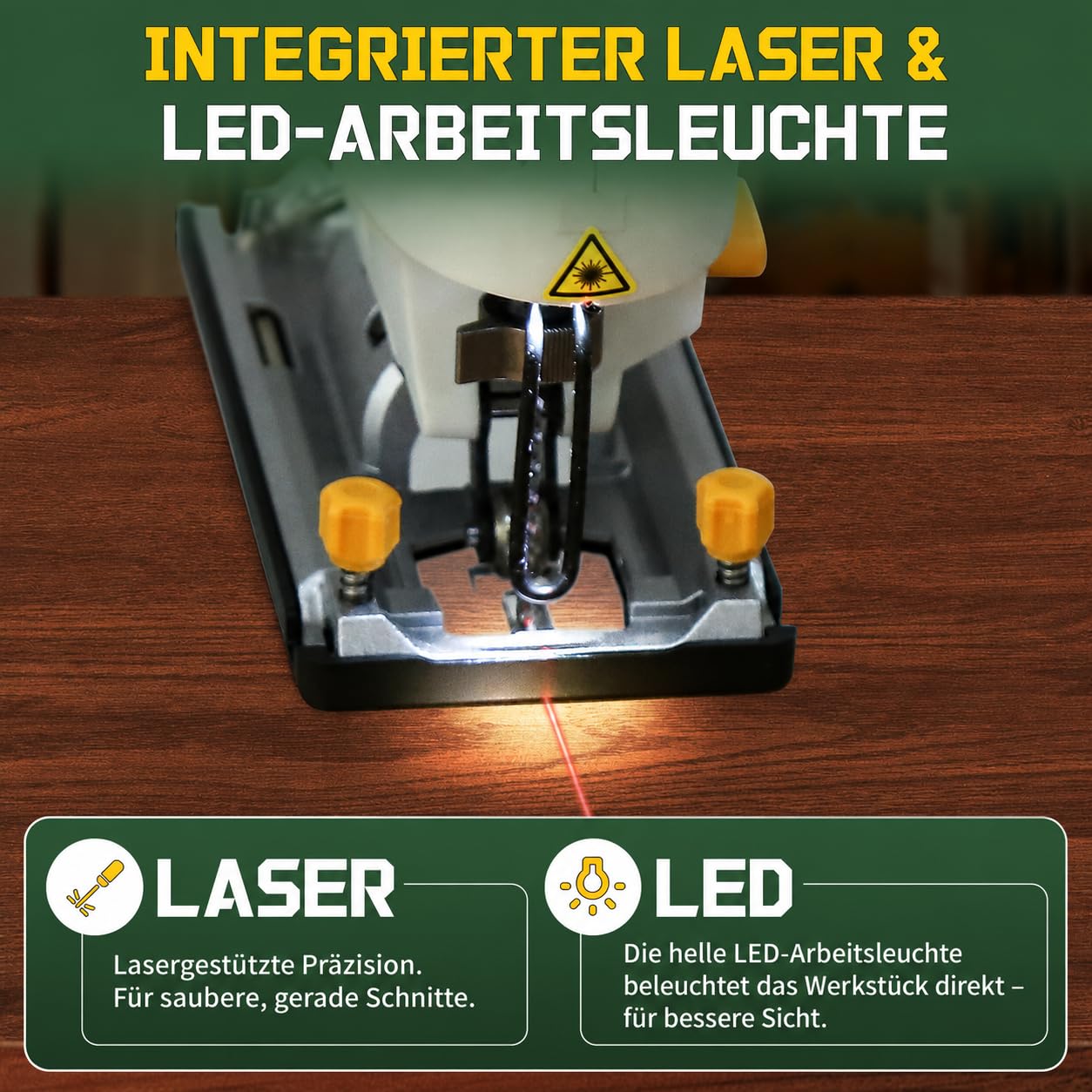 Stichsäge 800 W mit Laser und LED, 6 Geschwindigkeiten, 4 Pendelstufen, 100 mm Holz und 10 mm Metall, 45° Gehrungsschnitt, T-Schaft Schnellwechsel