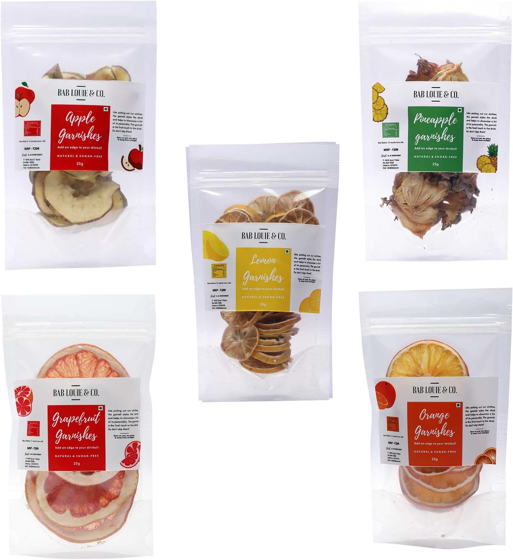 Bab Louie & Co. Dehydrated Fruits Garnishes For Cocktail, Mocktail, Detox Water, Green Tea, Snacks - Gluten free, Vegan, Air Dried, No Sugar 100% Natural (Pack of 5) (25gm)