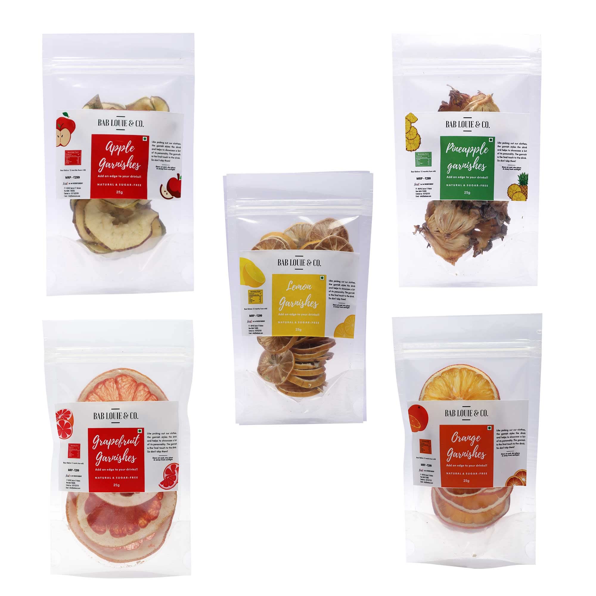 Bab Louie & Co. Dehydrated Fruits Garnishes For Cocktail, Mocktail, Detox Water, Green Tea, Snacks - Gluten free, Vegan, Air Dried, No Sugar 100% Natural (Pack of 5) (25gm)